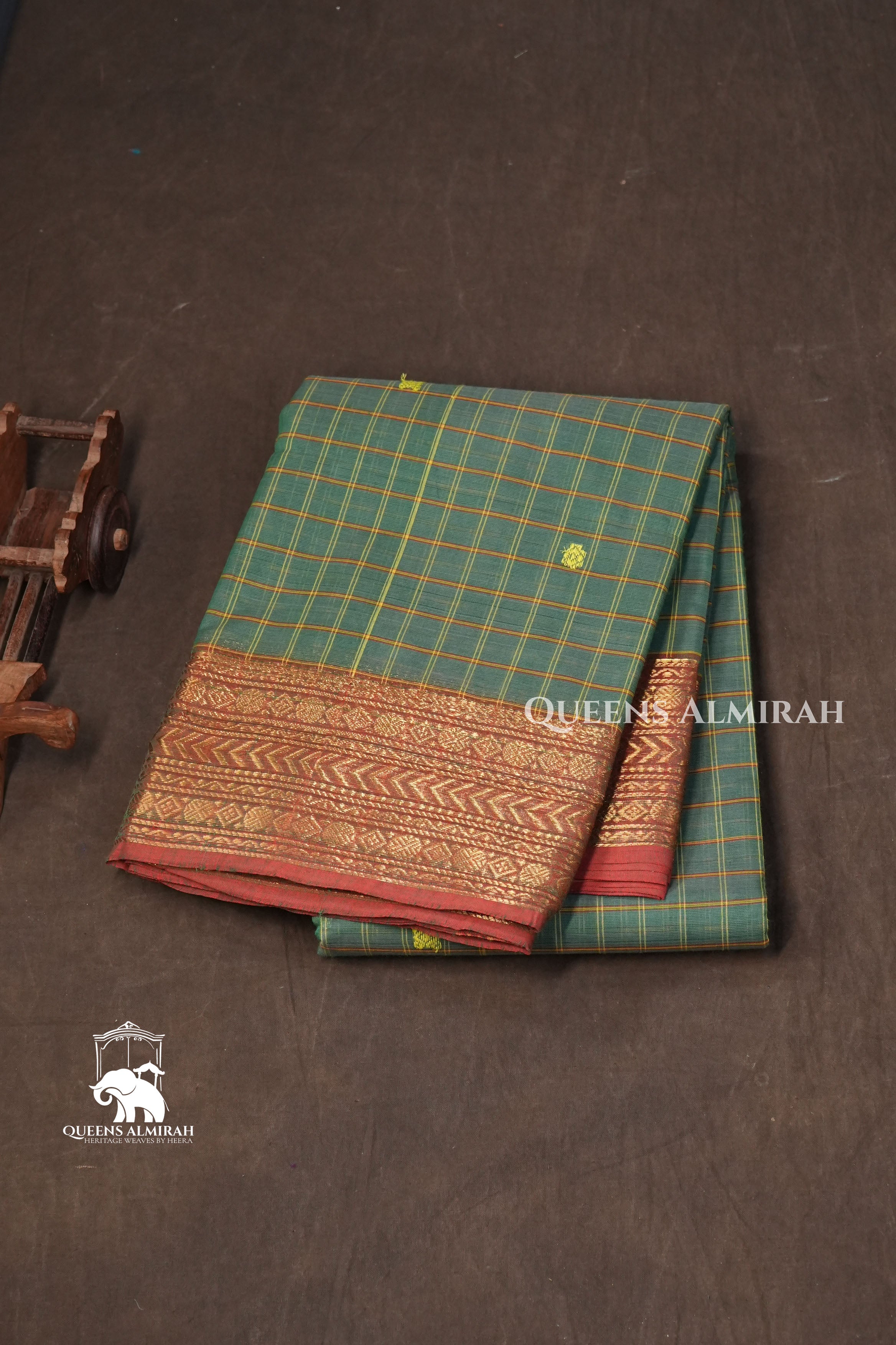 Algae Green With Red Kanchi Cotton Saree