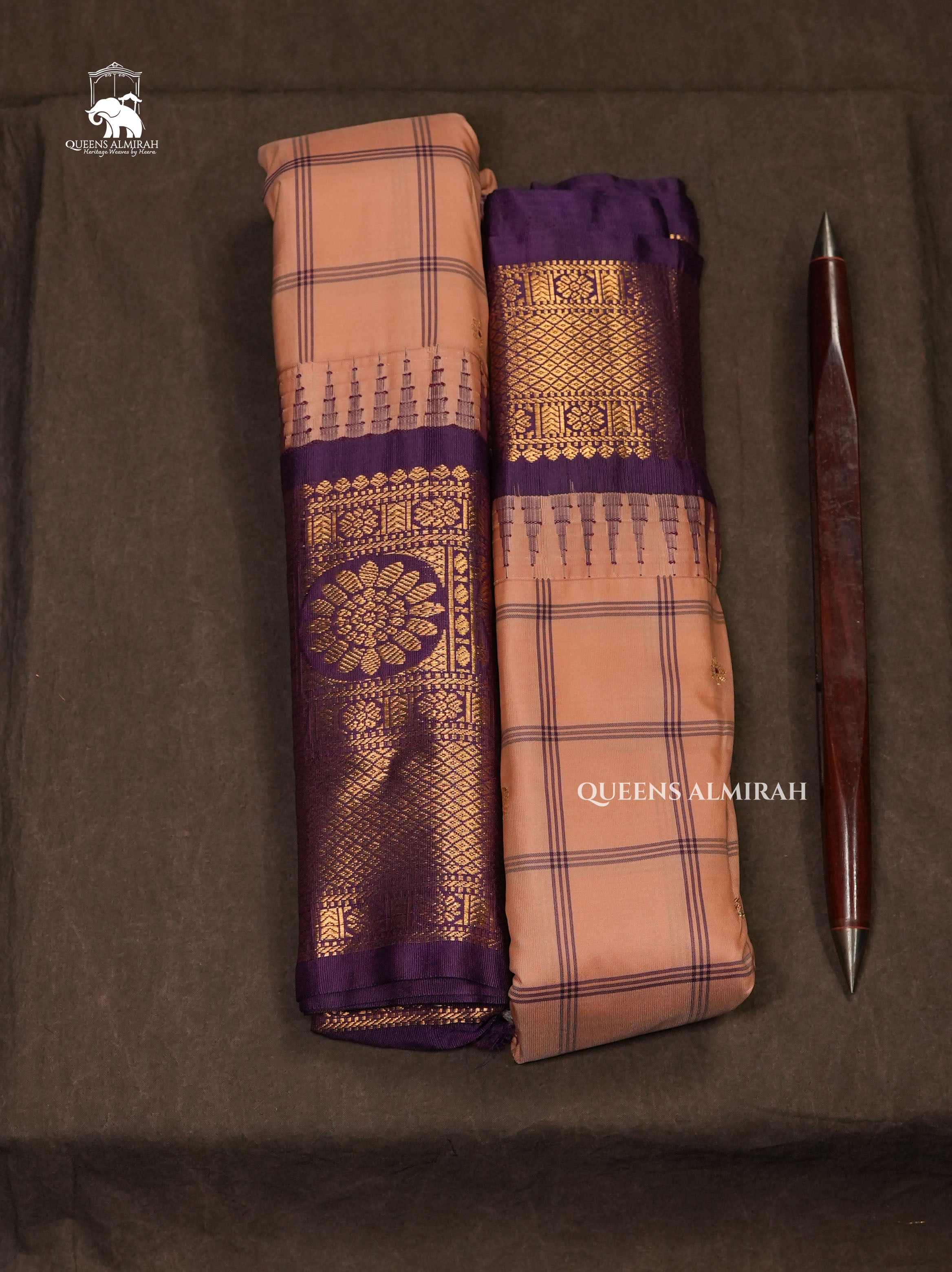 Peach Orange Kattam With Purple Semi Gadwal Silk Saree