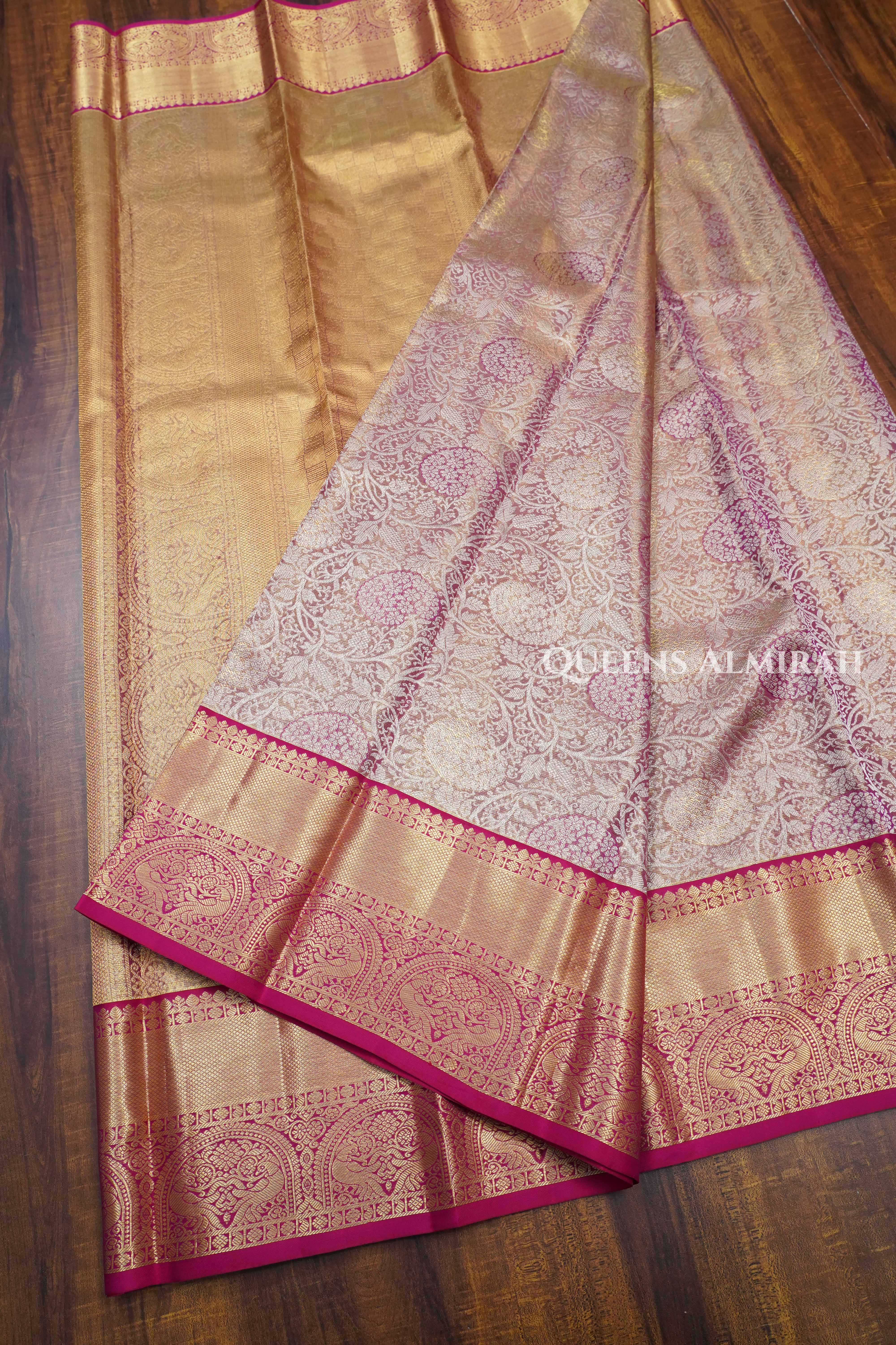 Gold With Pink Pure kanchivaram Silk Saree