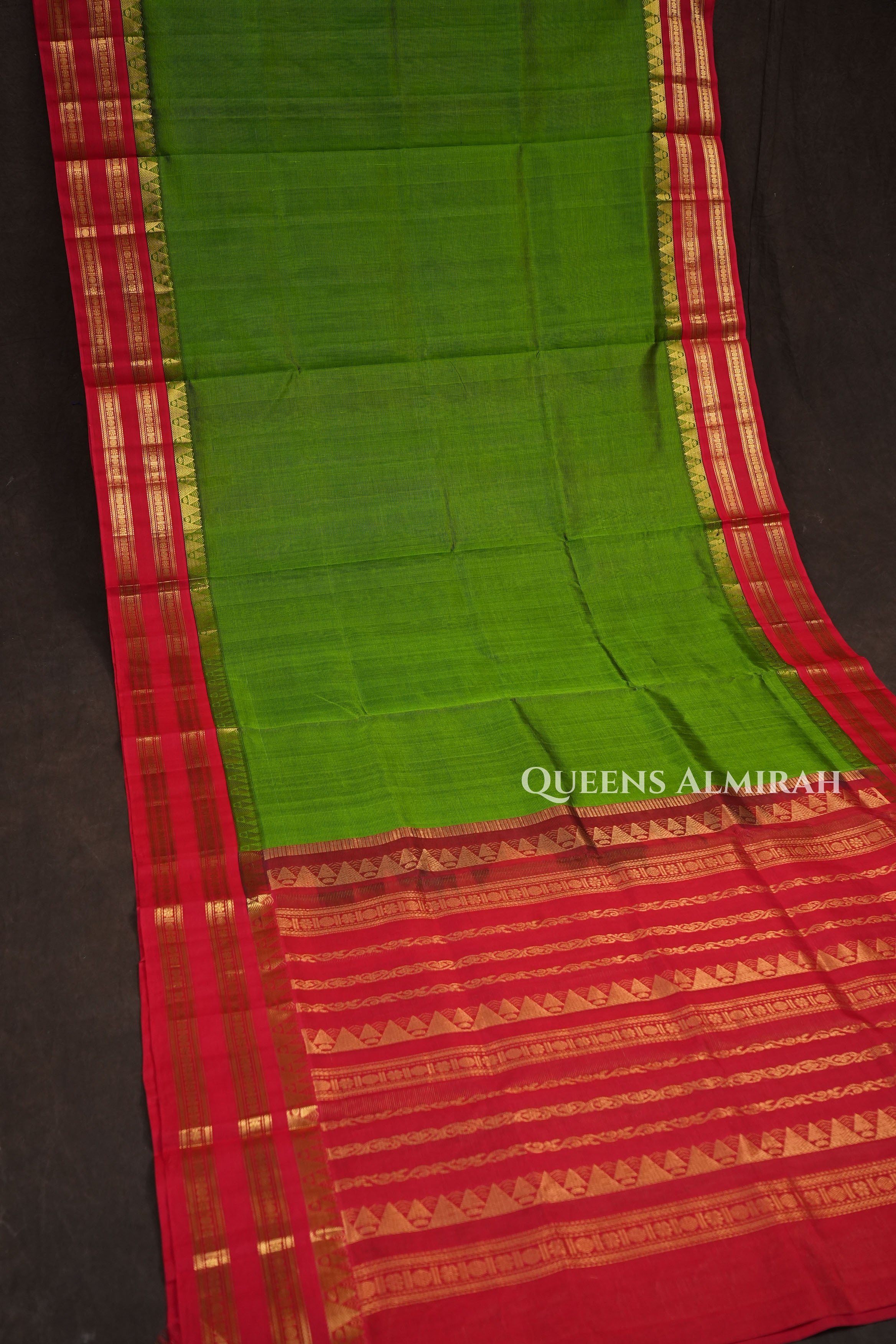 Avocado Green With Red Pure Kanchi Silk Cotton Saree