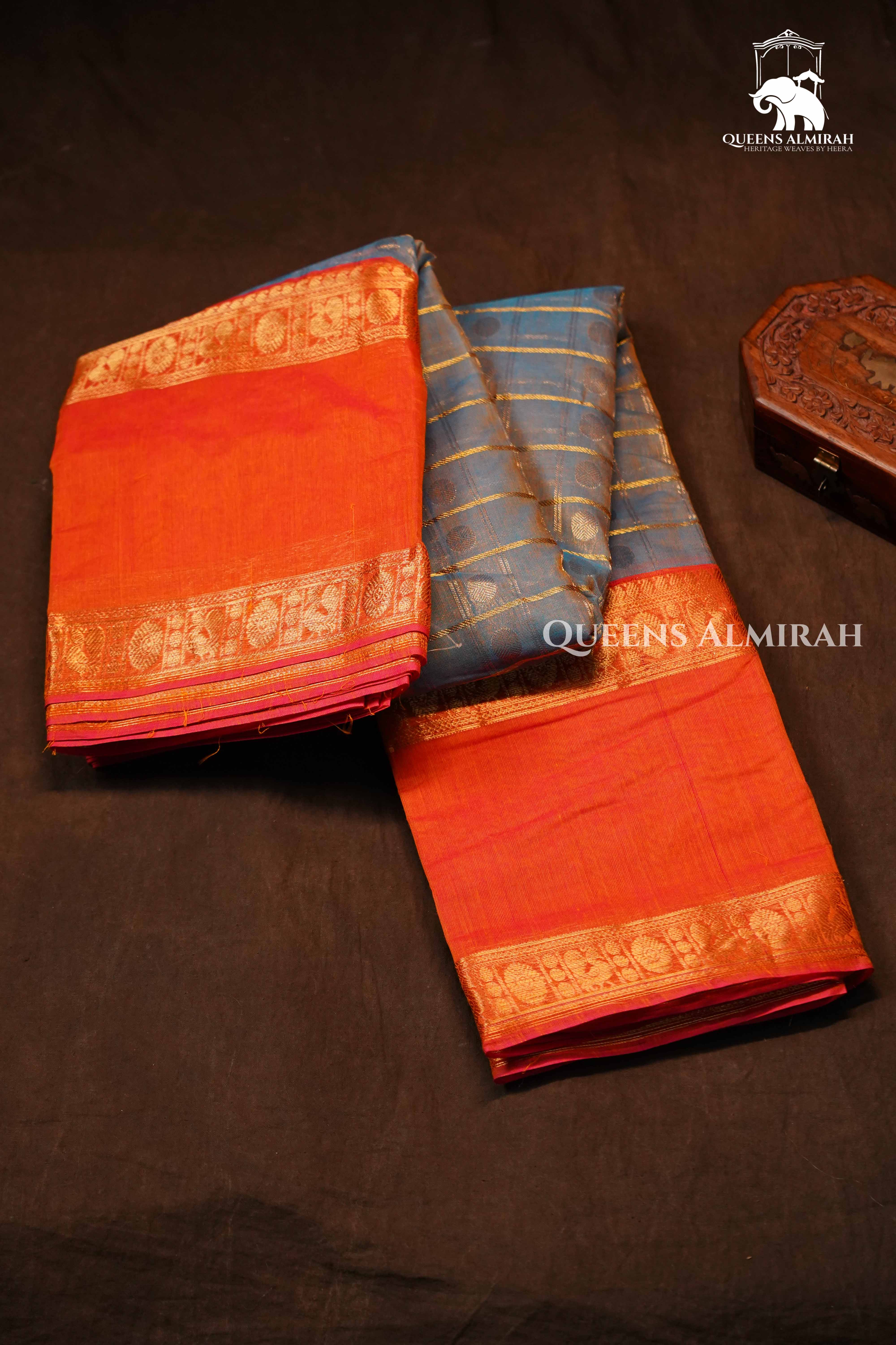 Blue Grey With Orange Chettinad Cotton Saree