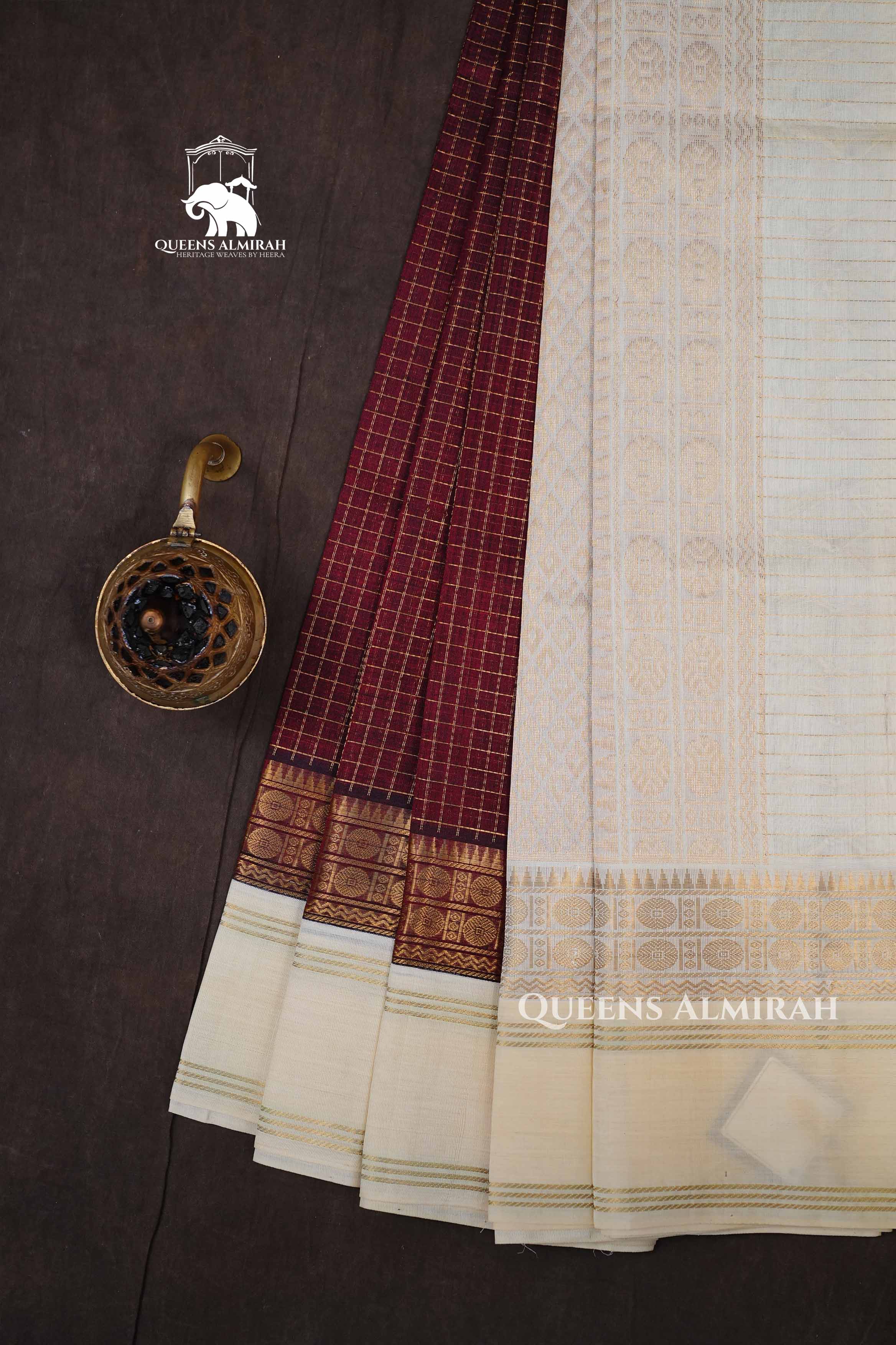Maroon Small Kattam With Off White Pure Silk Cotton Saree