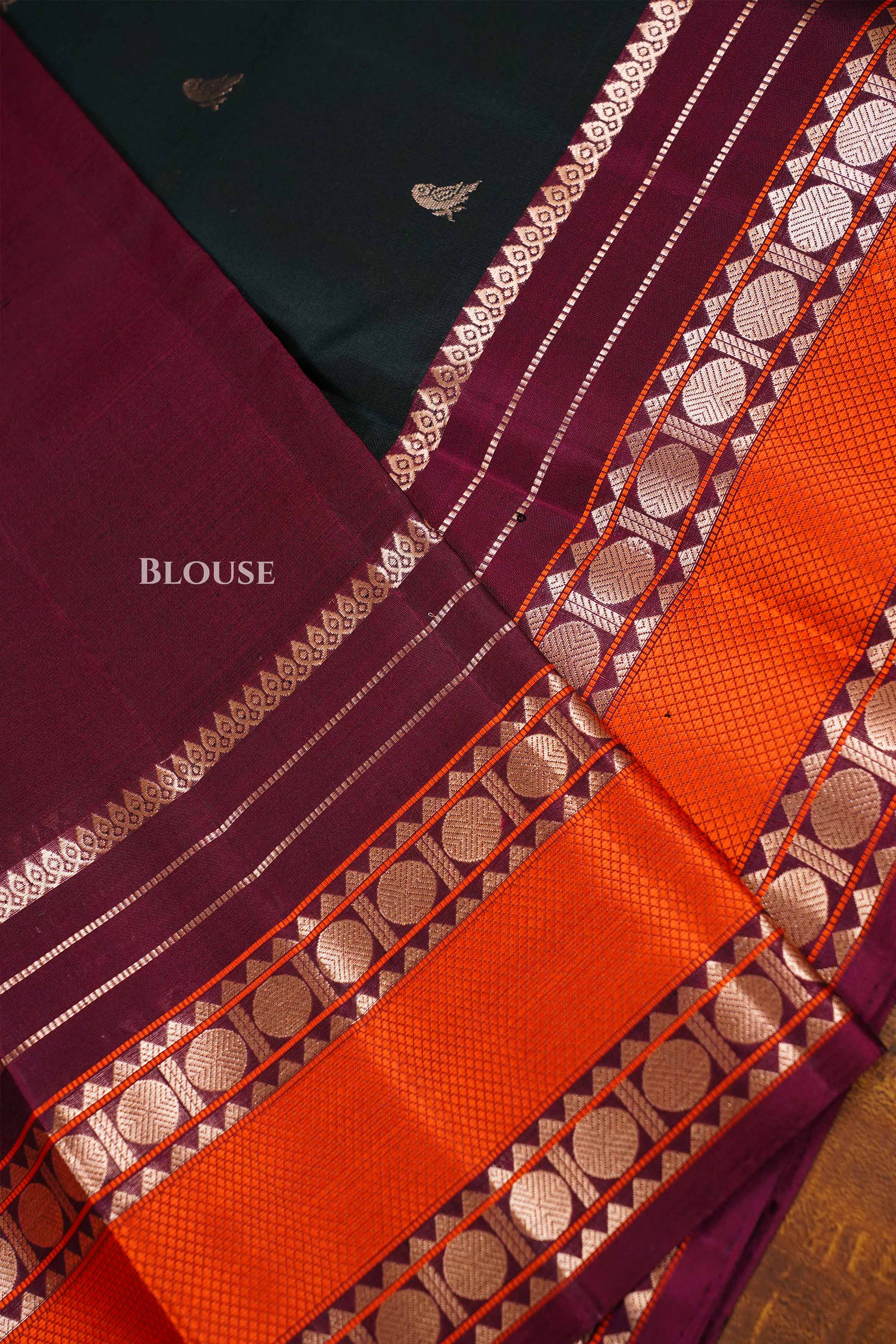Dark Green With Maroon And Orange Border Pure Kanchivaram Silk Saree