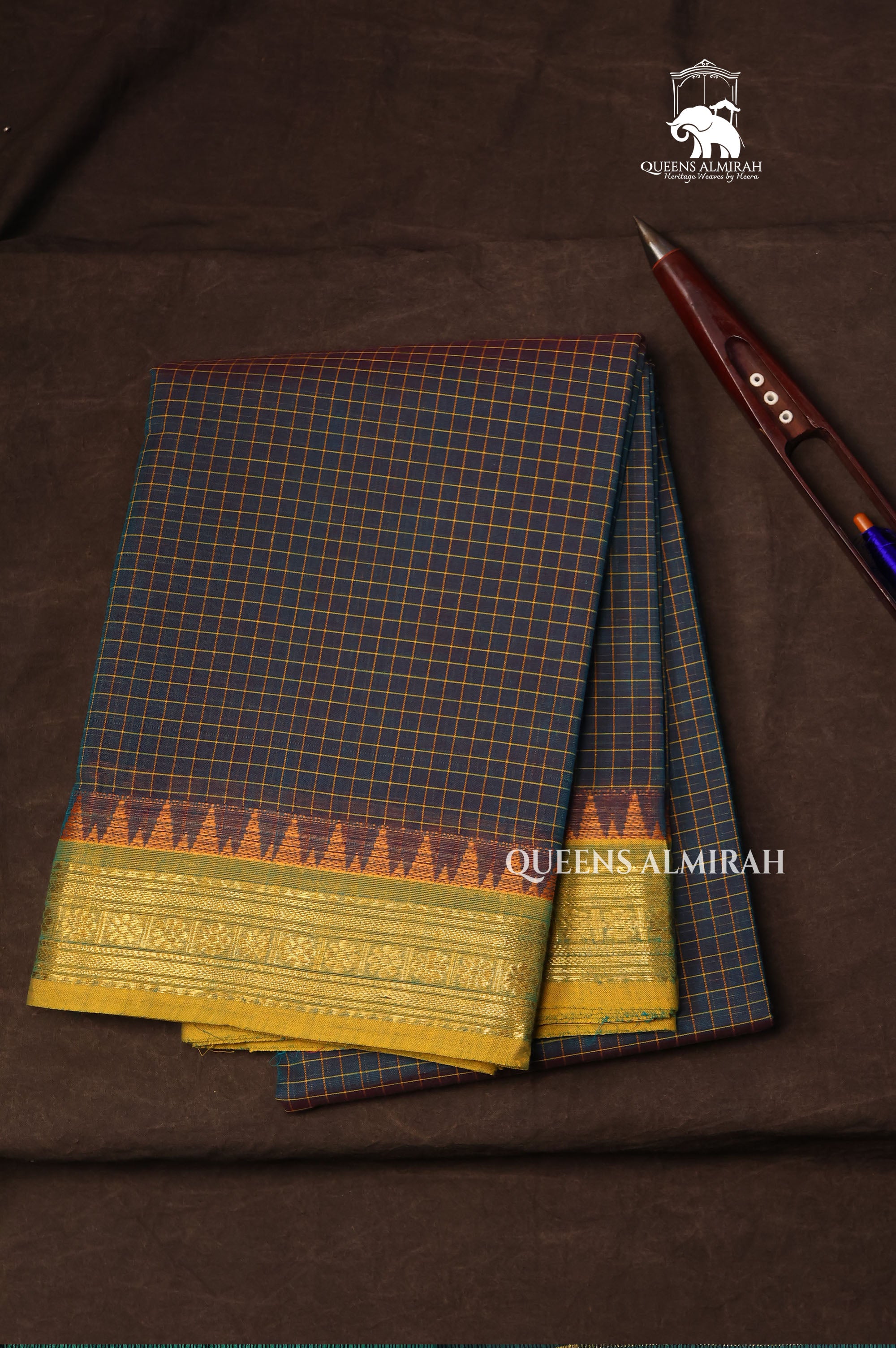 Dusky Blue With Green Kanchi Cotton Saree