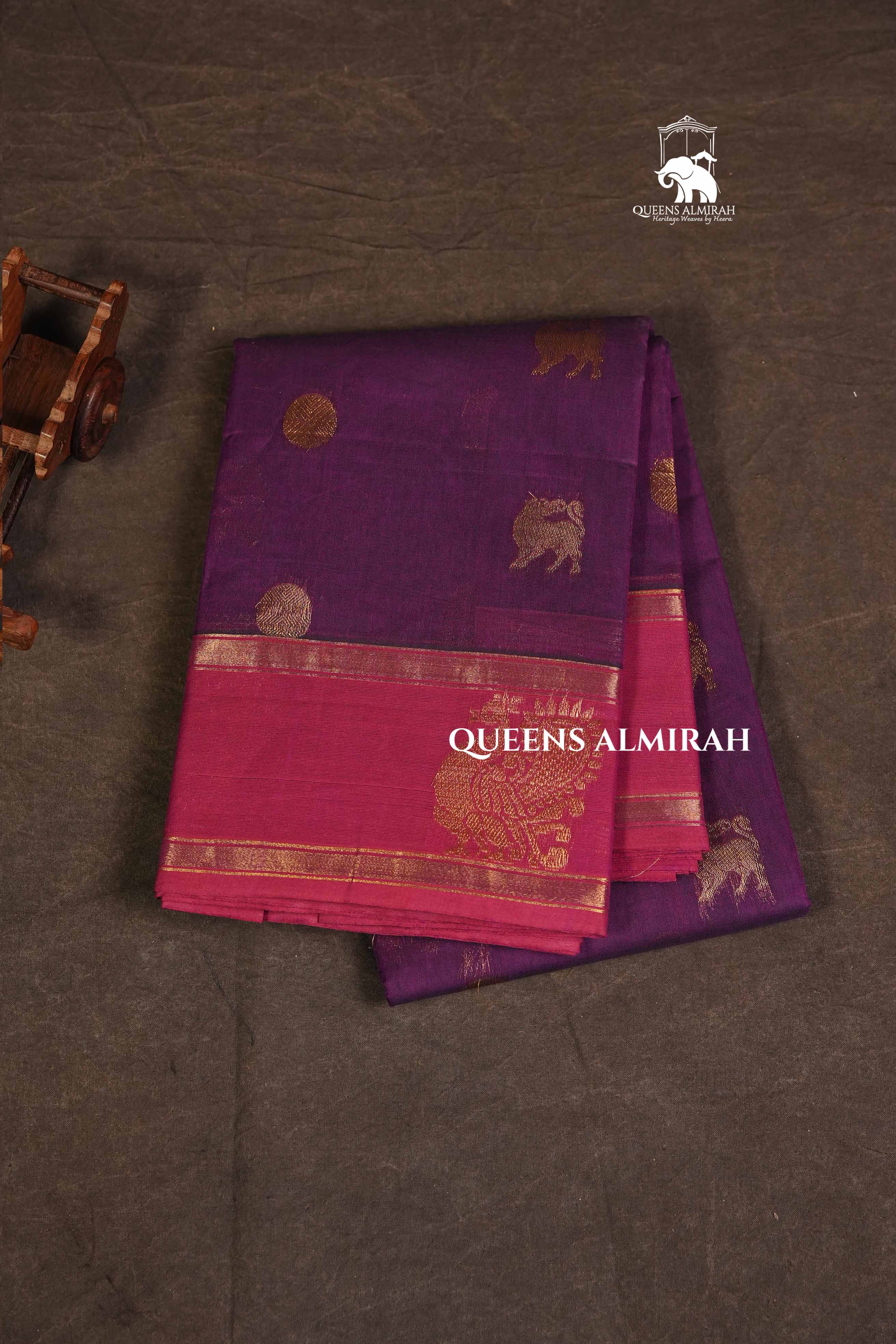 Purple With Pink Peacocok Border Kanchi Cotton Saree
