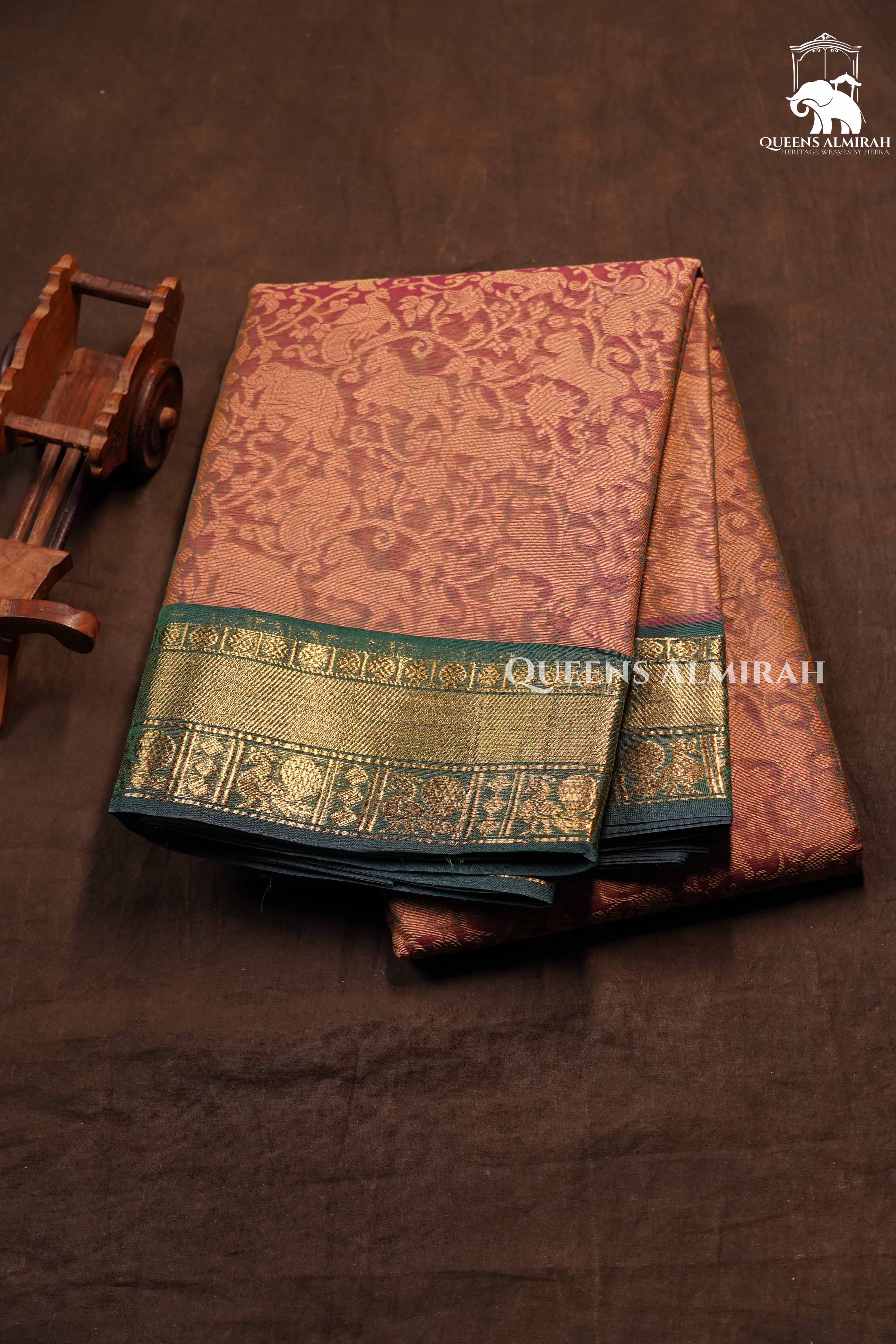 Cinnamon Brown With Green Kanchi Cotton Saree