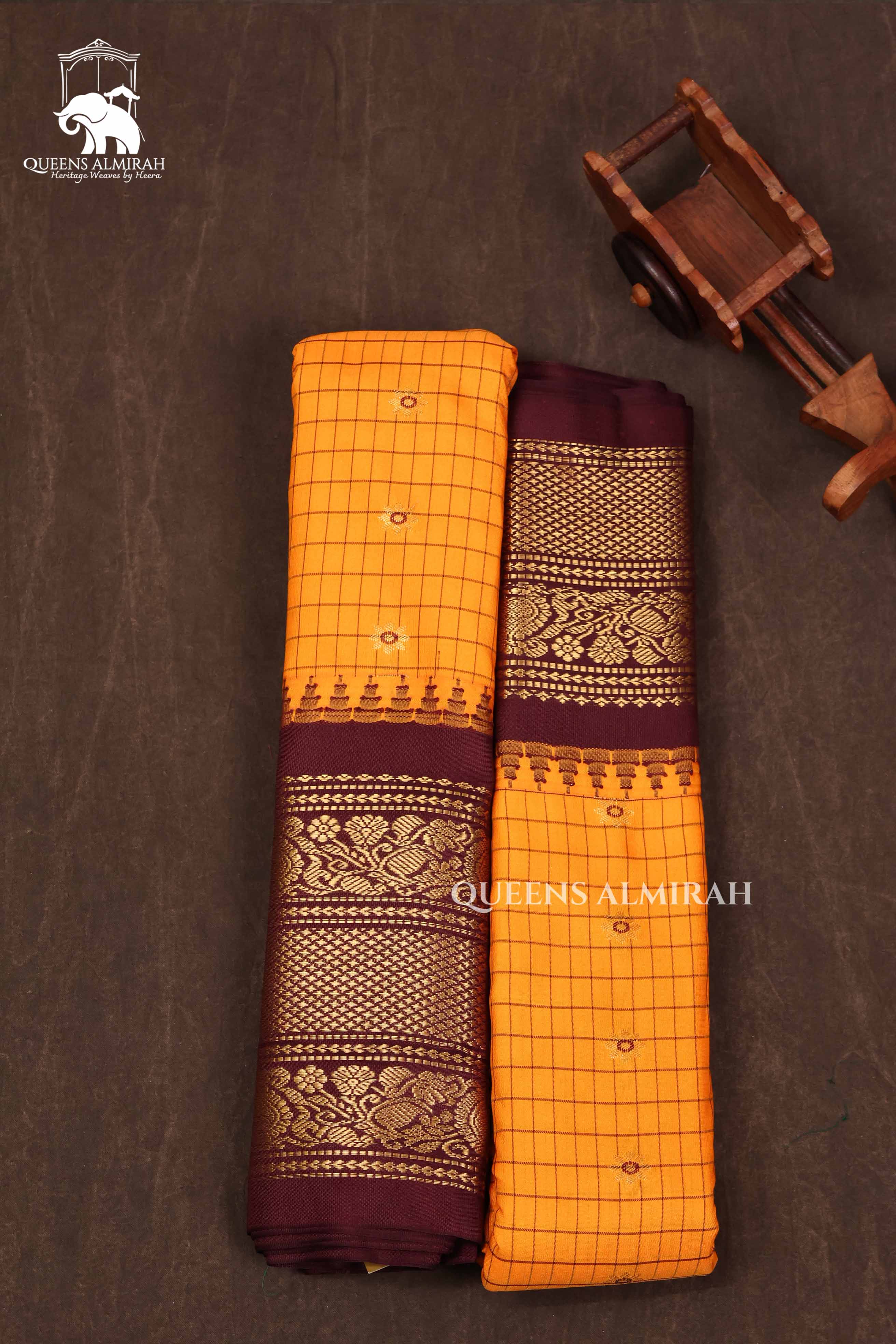 Yellow With Brown Semi Gadwal Silk Saree