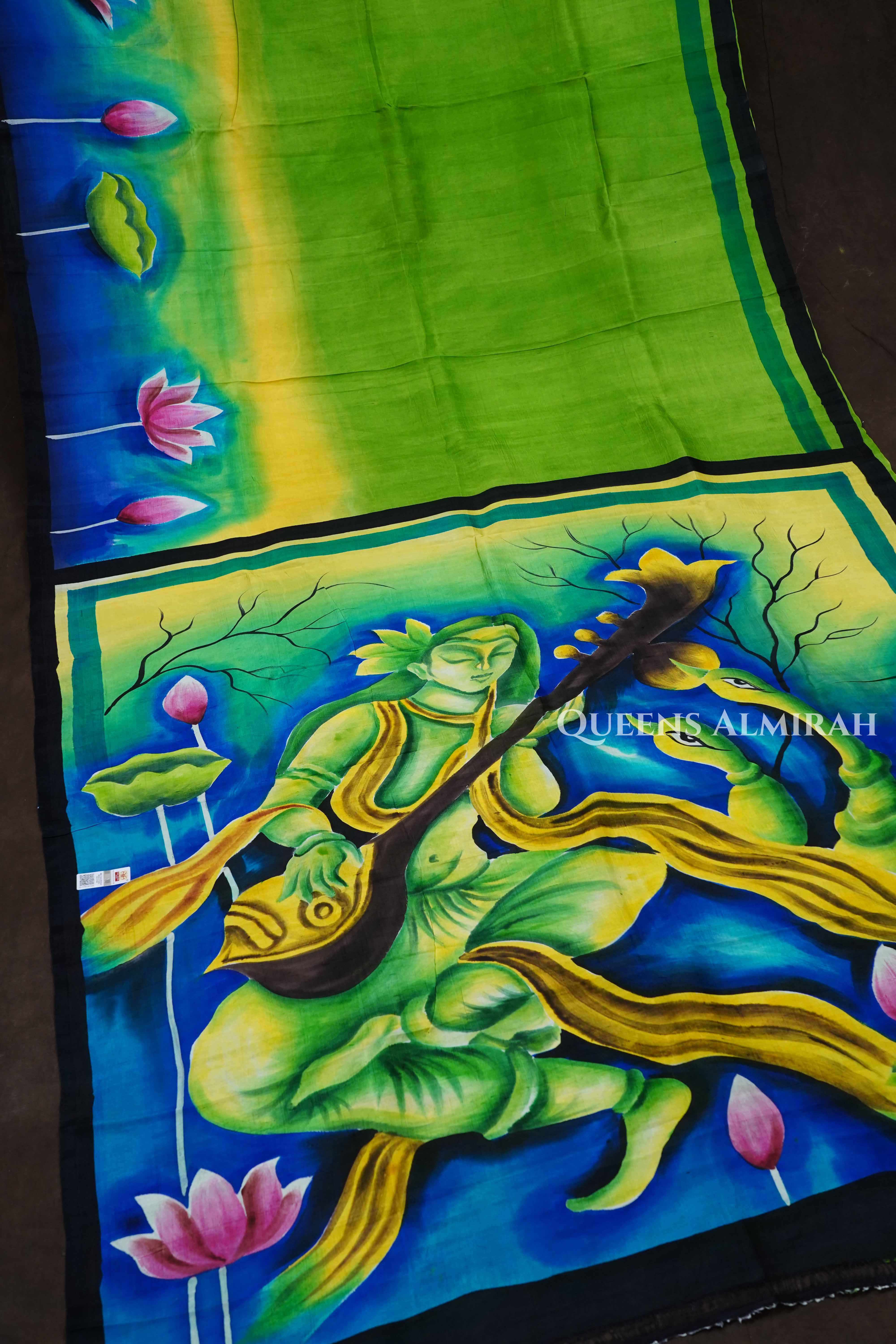 Leaf Green Handpainted Pure Tussar Silk Saree