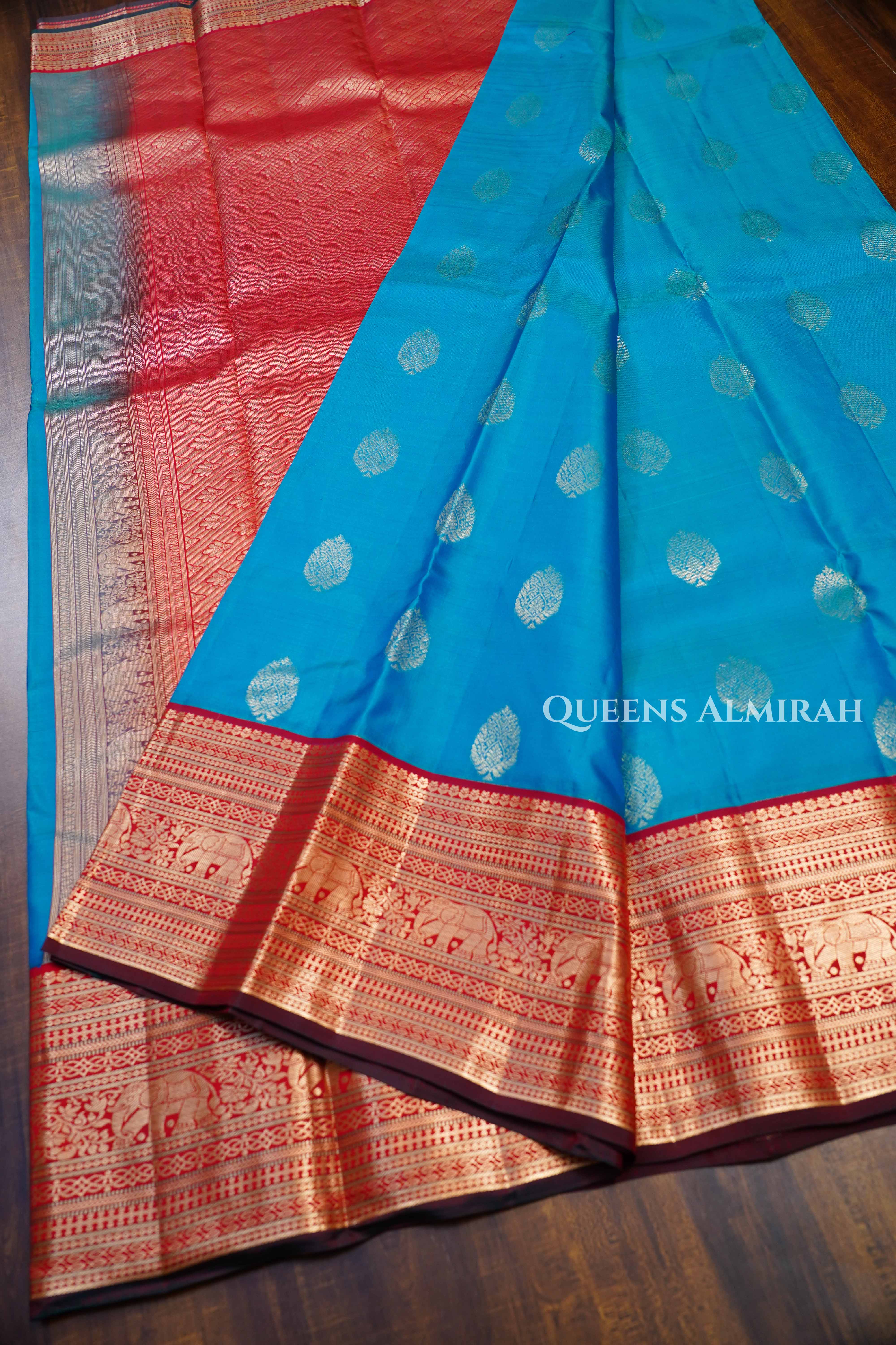 Turquoise Blue With Long And Short Red Border Kanchivaram Silk Saree