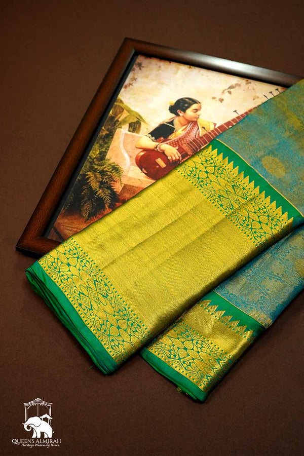 AQUA BLUE WITH GREEN KANCHI TISSUE SAREE - Queens Jewel Emporium