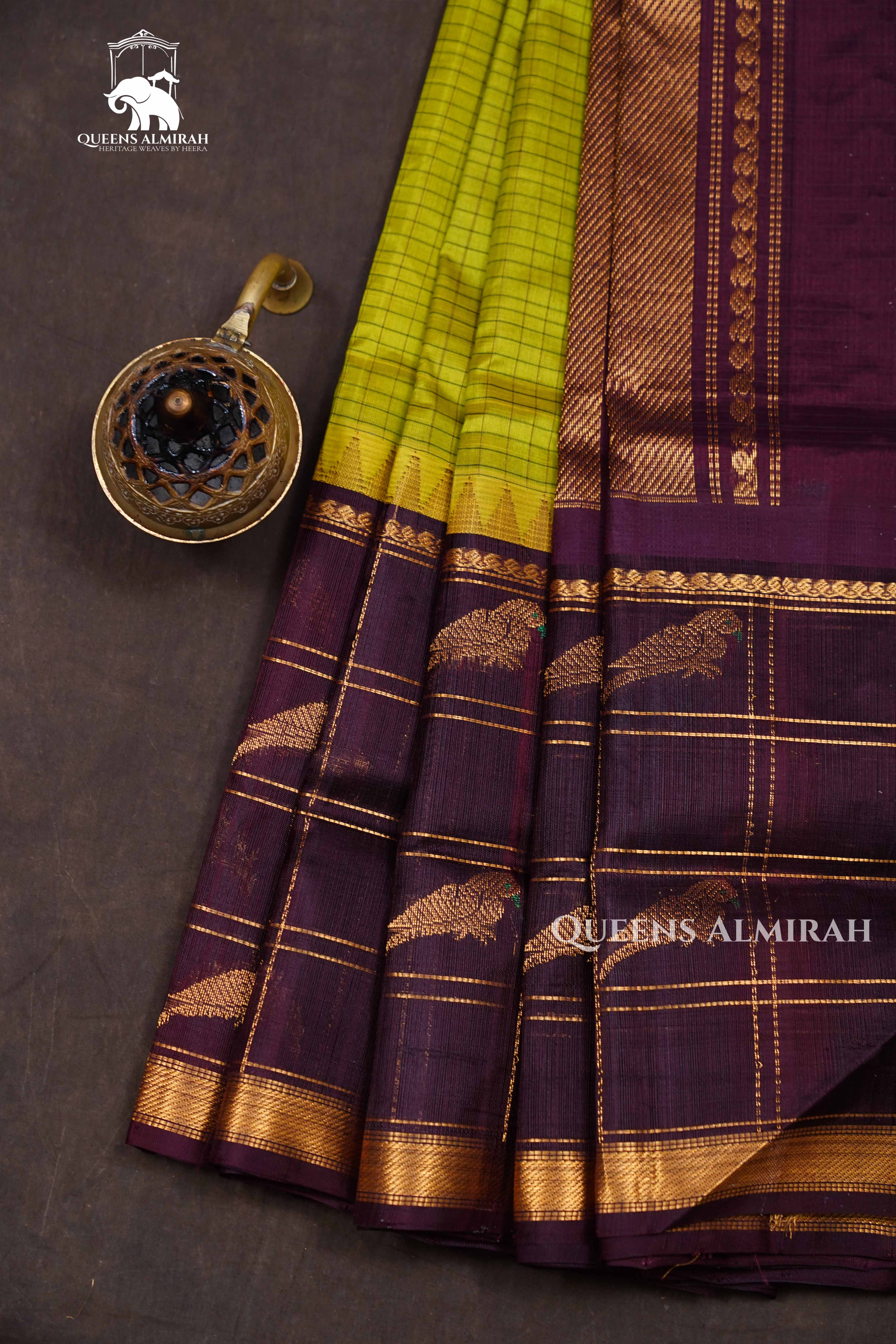 Parrot Green With Coffee Brown Pure Kanchi Silk Cotton Saree