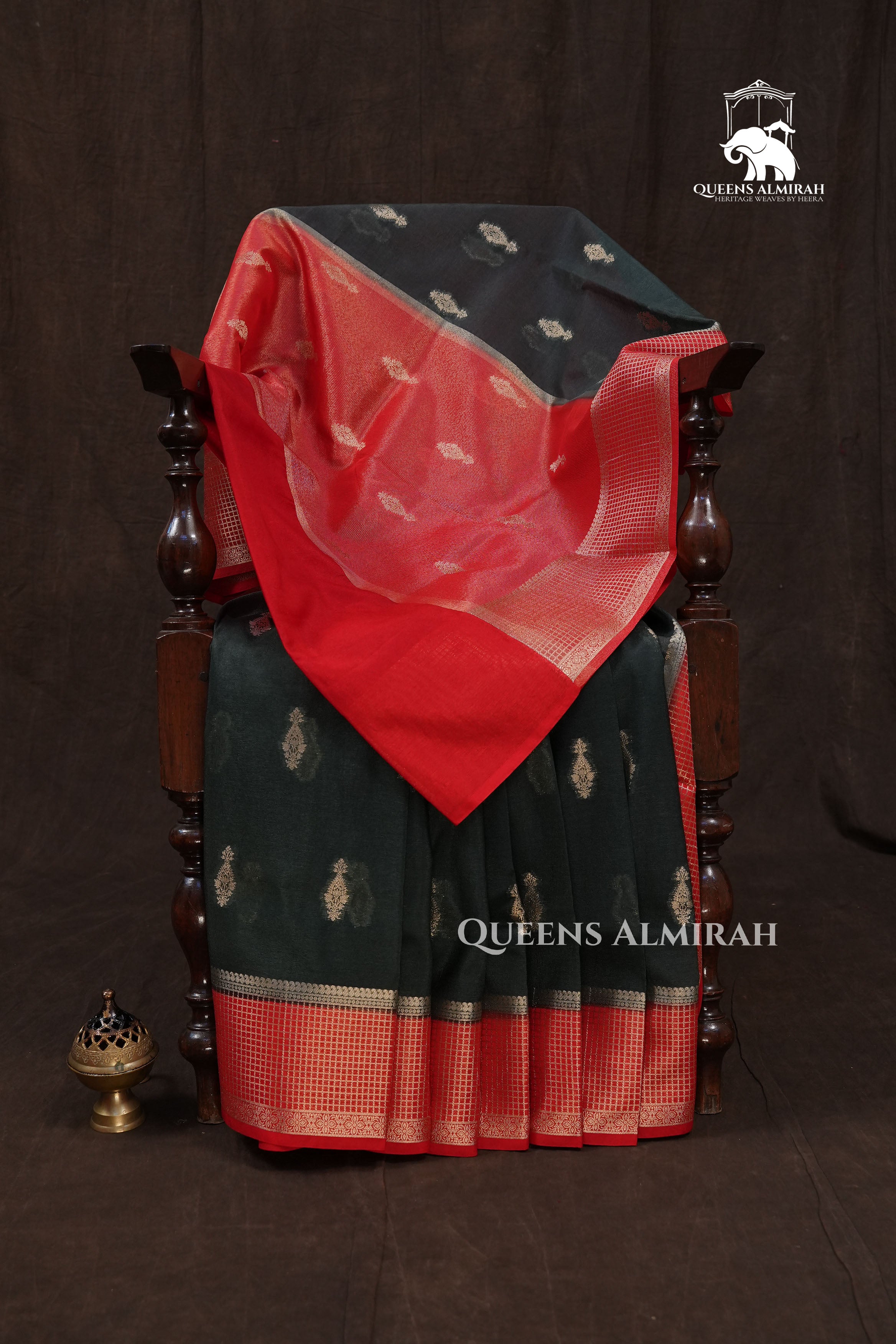 Dark Green With Red Semi Banarasi Silk Saree