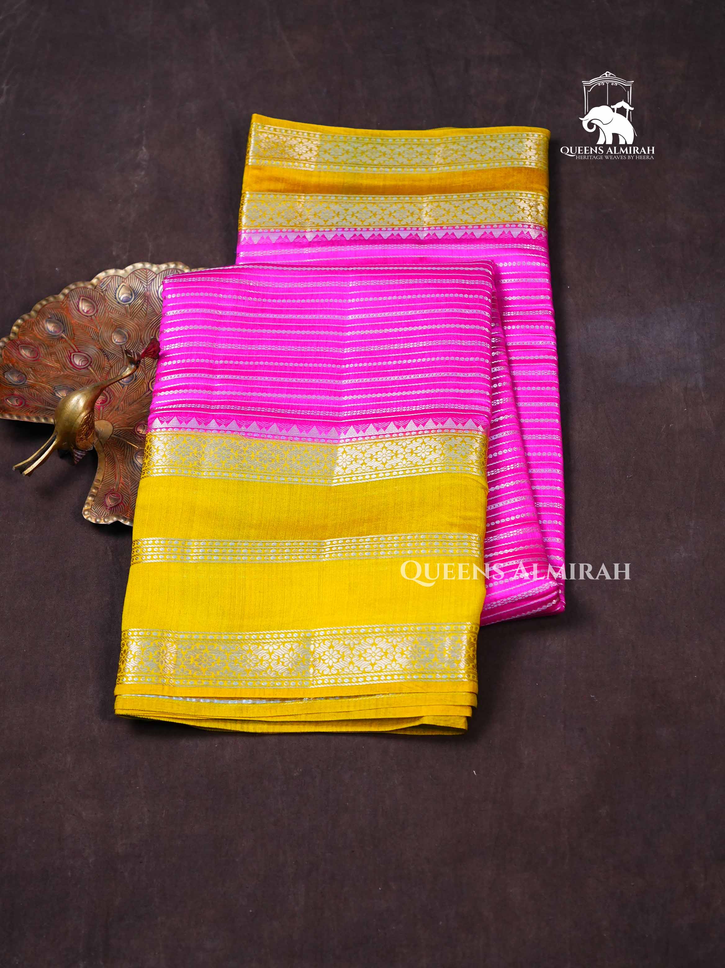 Pink With Mustard Brown Chiniya Silk Saree