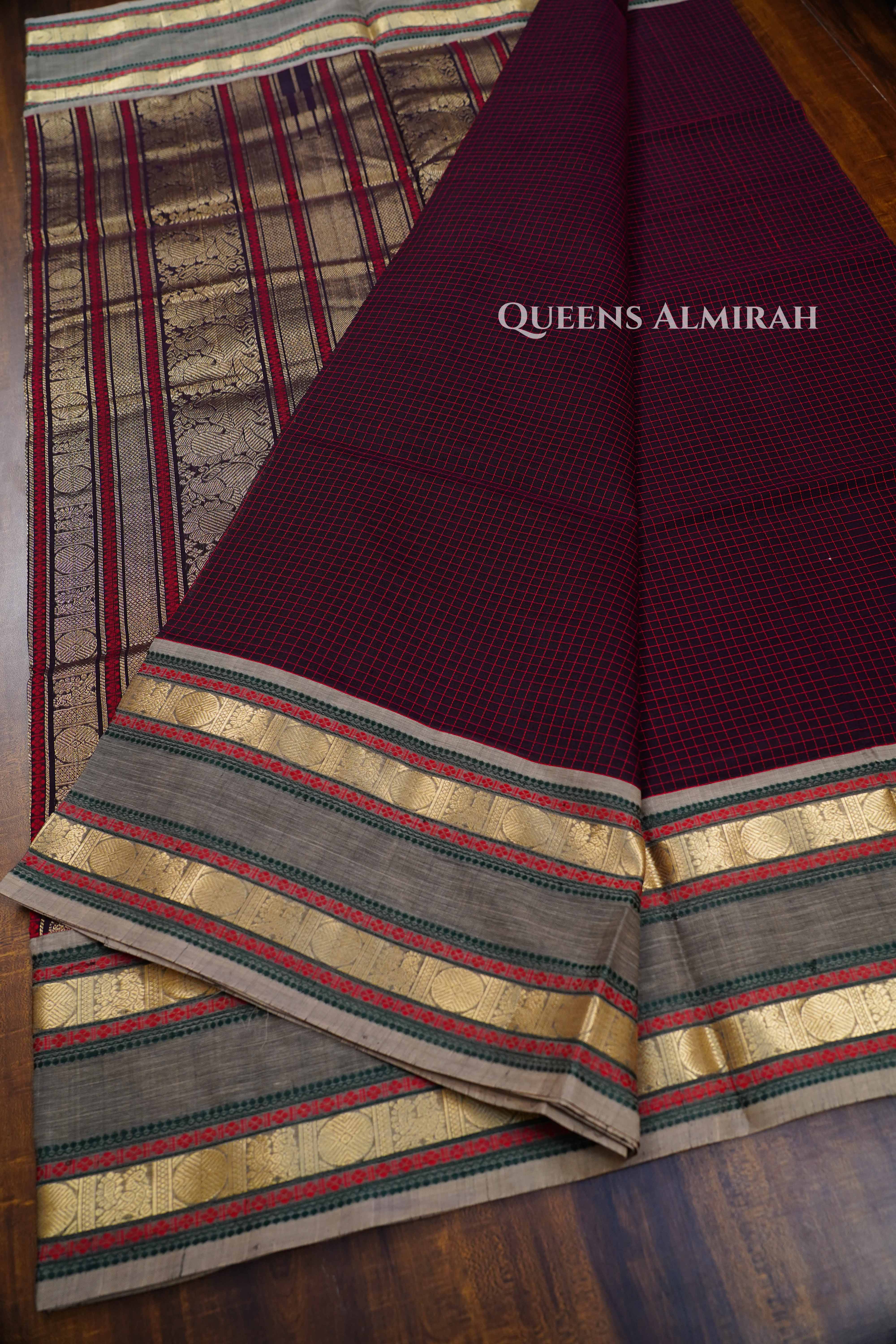 Maroon With Grey Karaikudi Chettinad Silk Cotton Saree