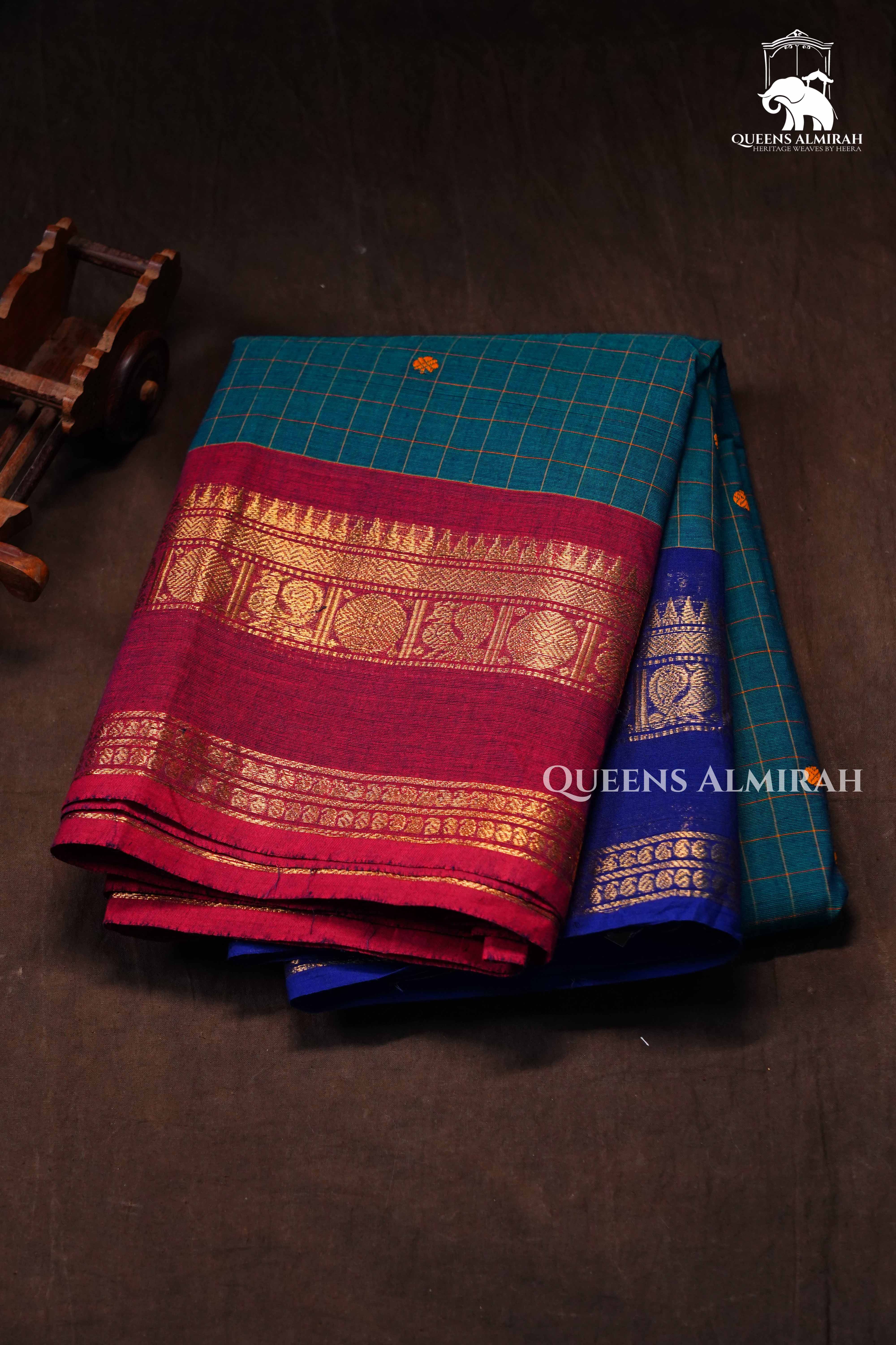 Royal Blue With Red Kanchi Cotton Saree