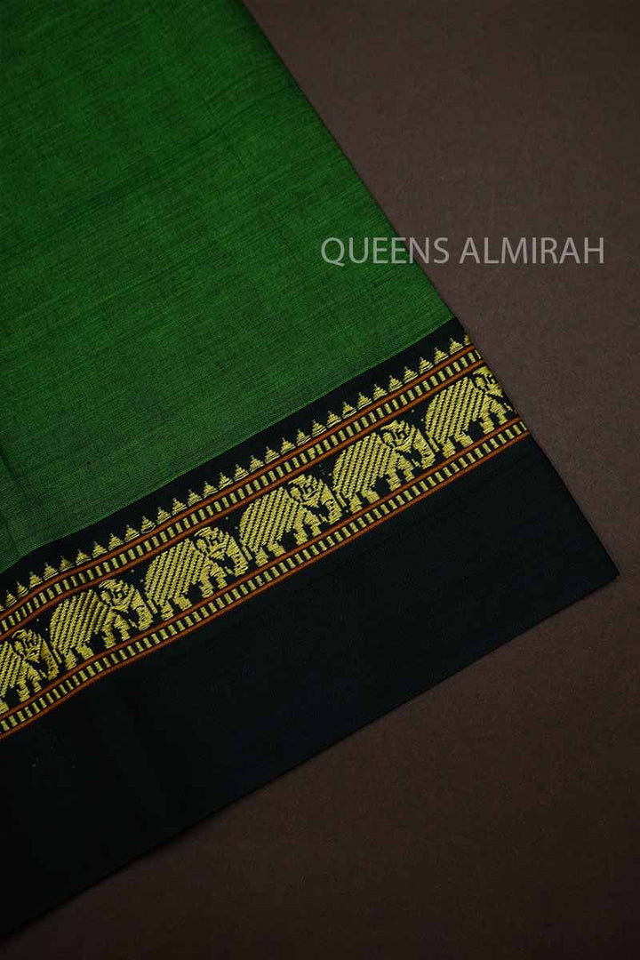EMERALD GREEN WITH BLACK BORDER NARAYANPET COTTON SAREE - Queens Jewel Emporium