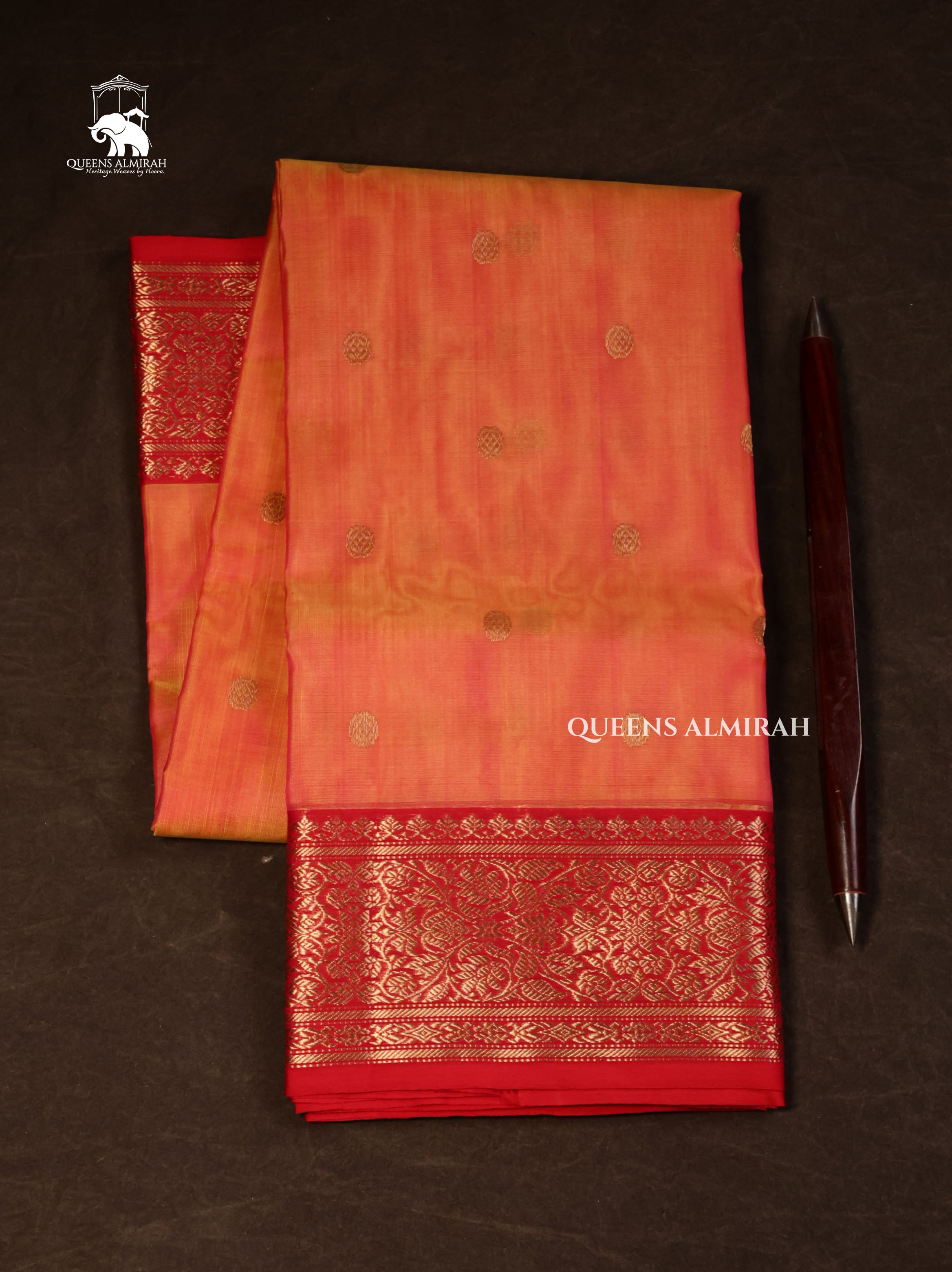 Orange With Red Chanderi Katan Silk Handloom Saree