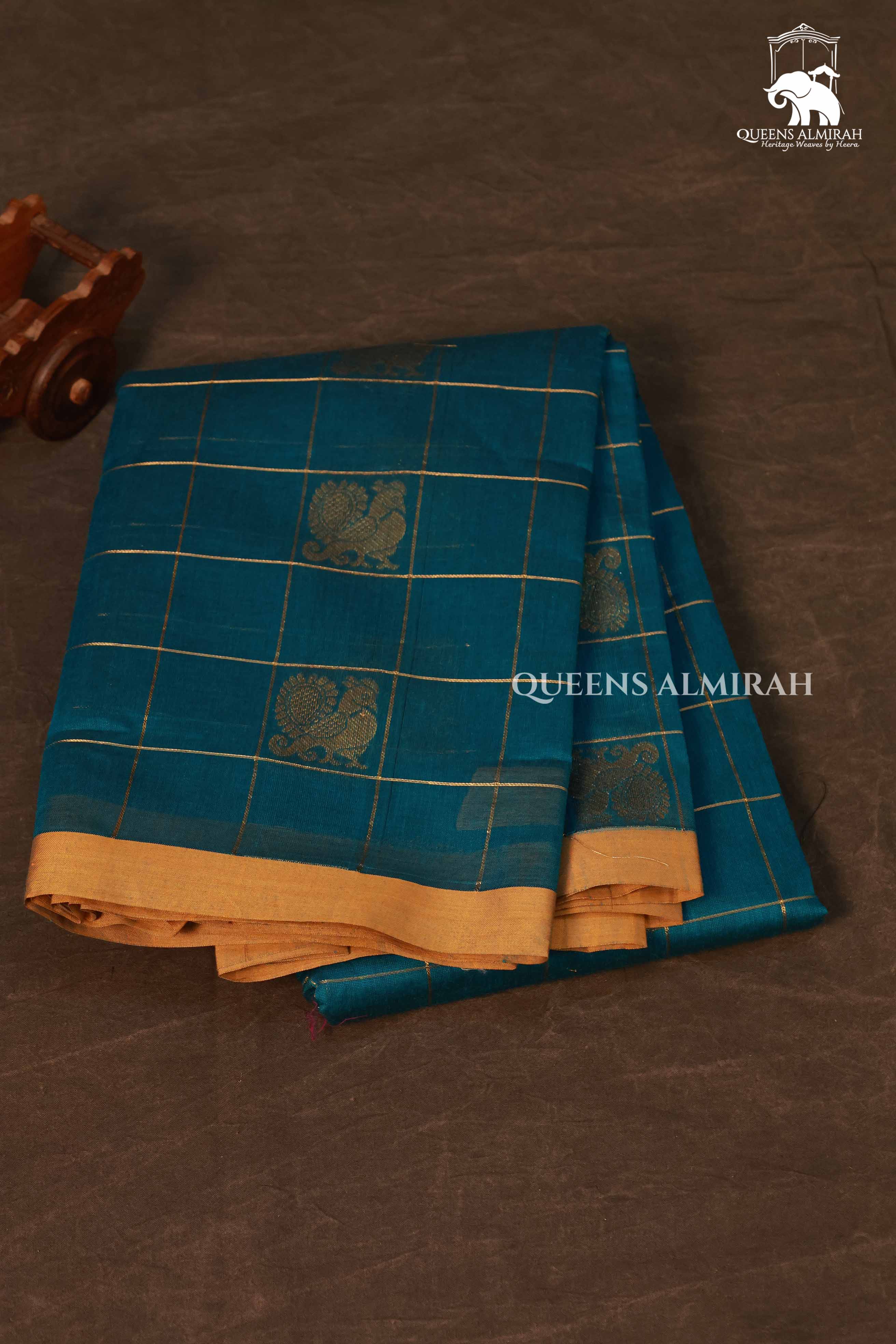 Peacock Blue Kattam With Peacock Butta Kanchi Cotton Saree