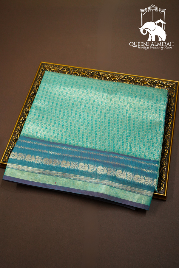BANARASI SILK - FOUNTAIN BLUE  WOVEN BORDER SILK COTTON SAREE - Queens Jewel Emporium
