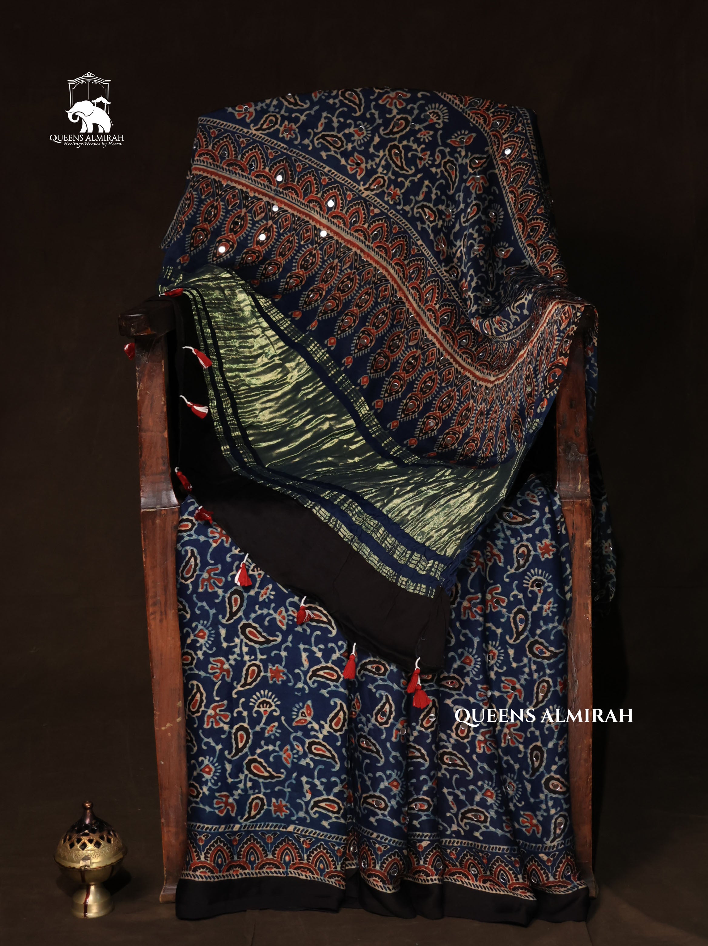Blue Mirror Work Ajrakh Modal Silk Saree