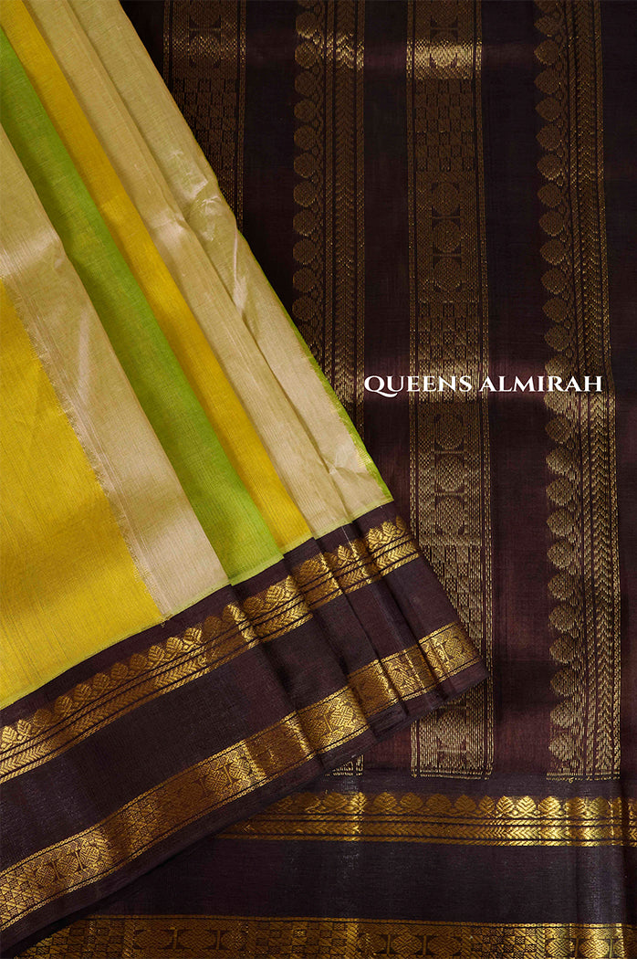 Multi Color With Black Gap Border Pure Silk Cotton Saree