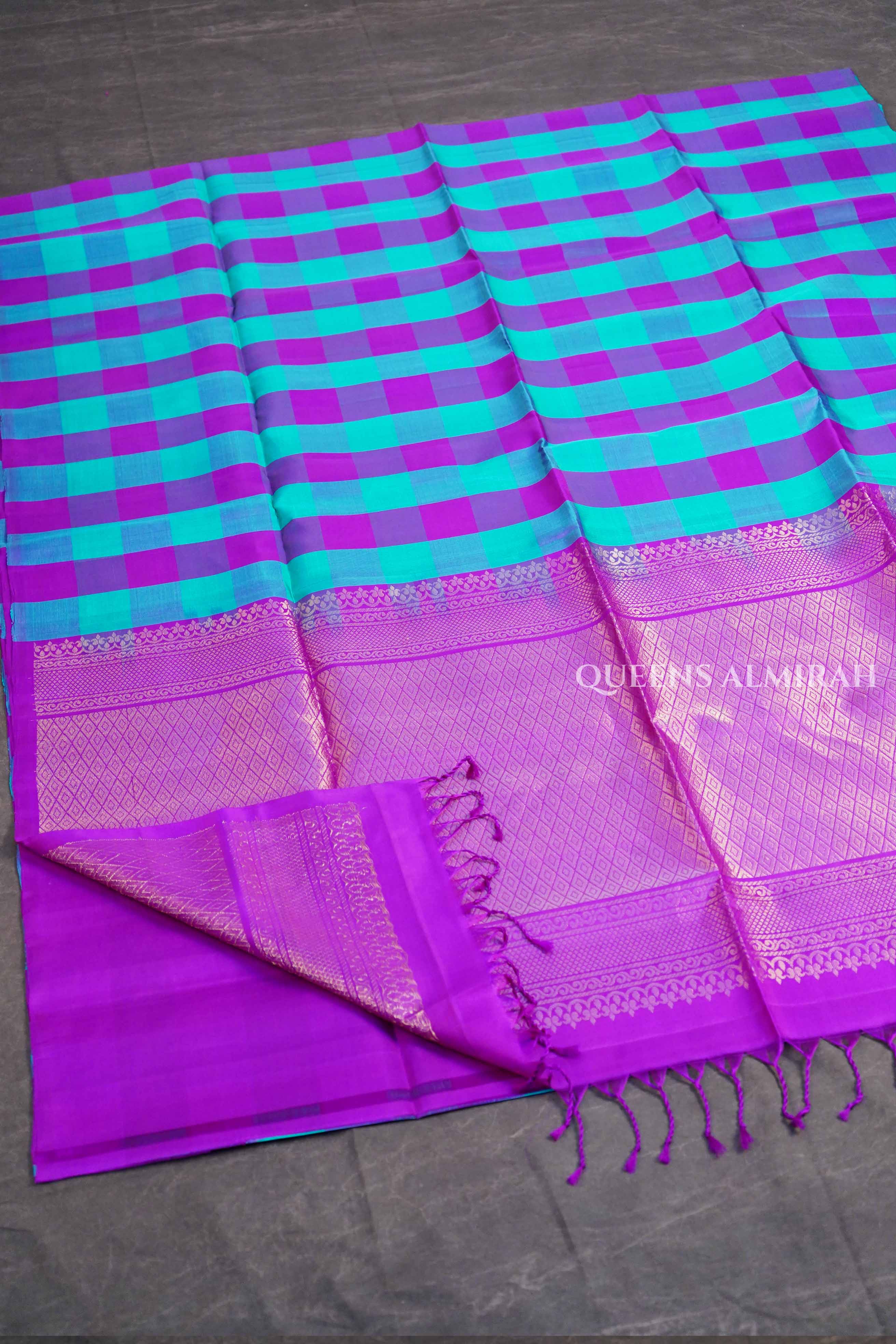 Turquoise Blue With Purple Yaanai Kattam Pure Soft Silk Saree