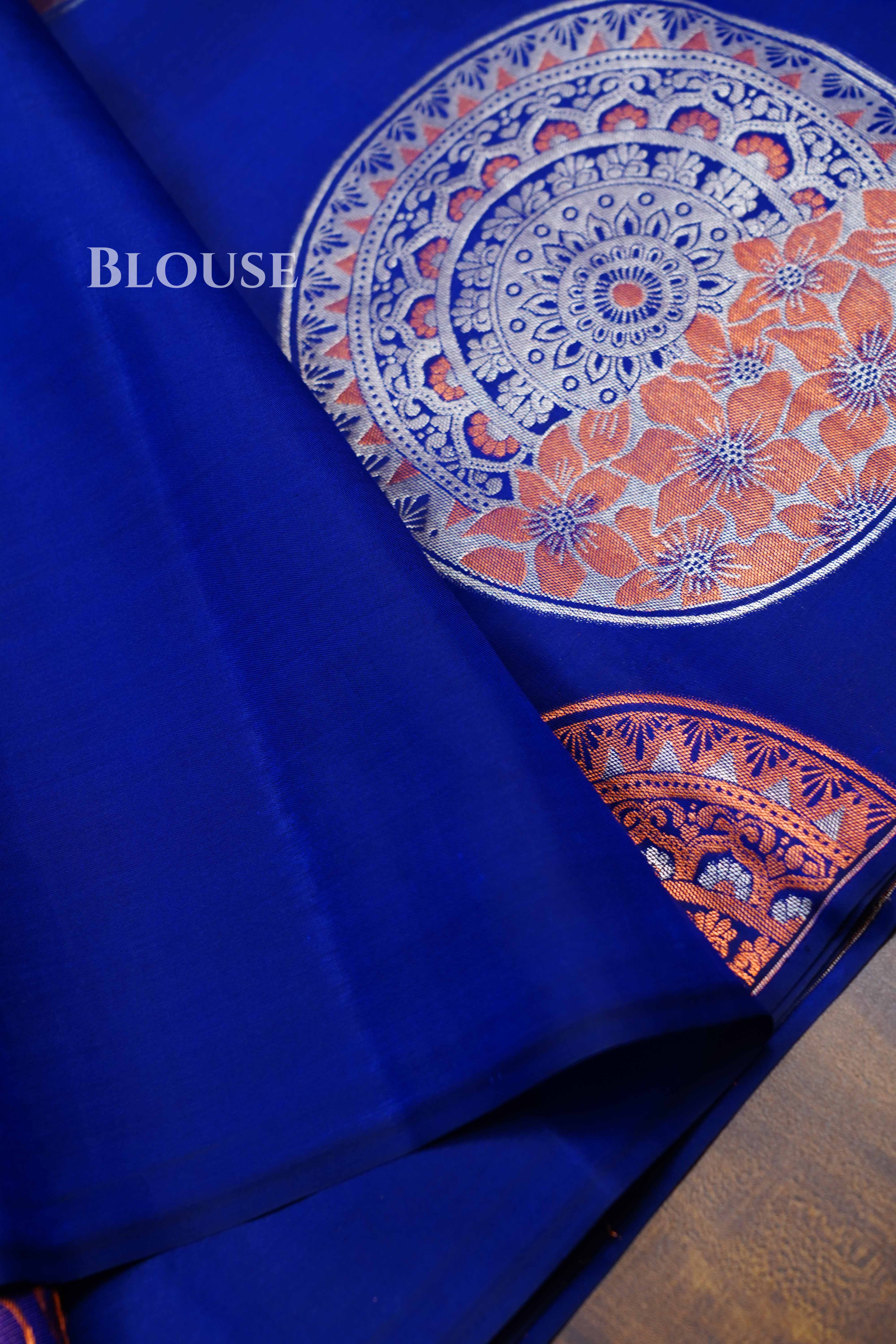 Royal Blue With Silver And Copper Zari Kanchivaram Silk Saree