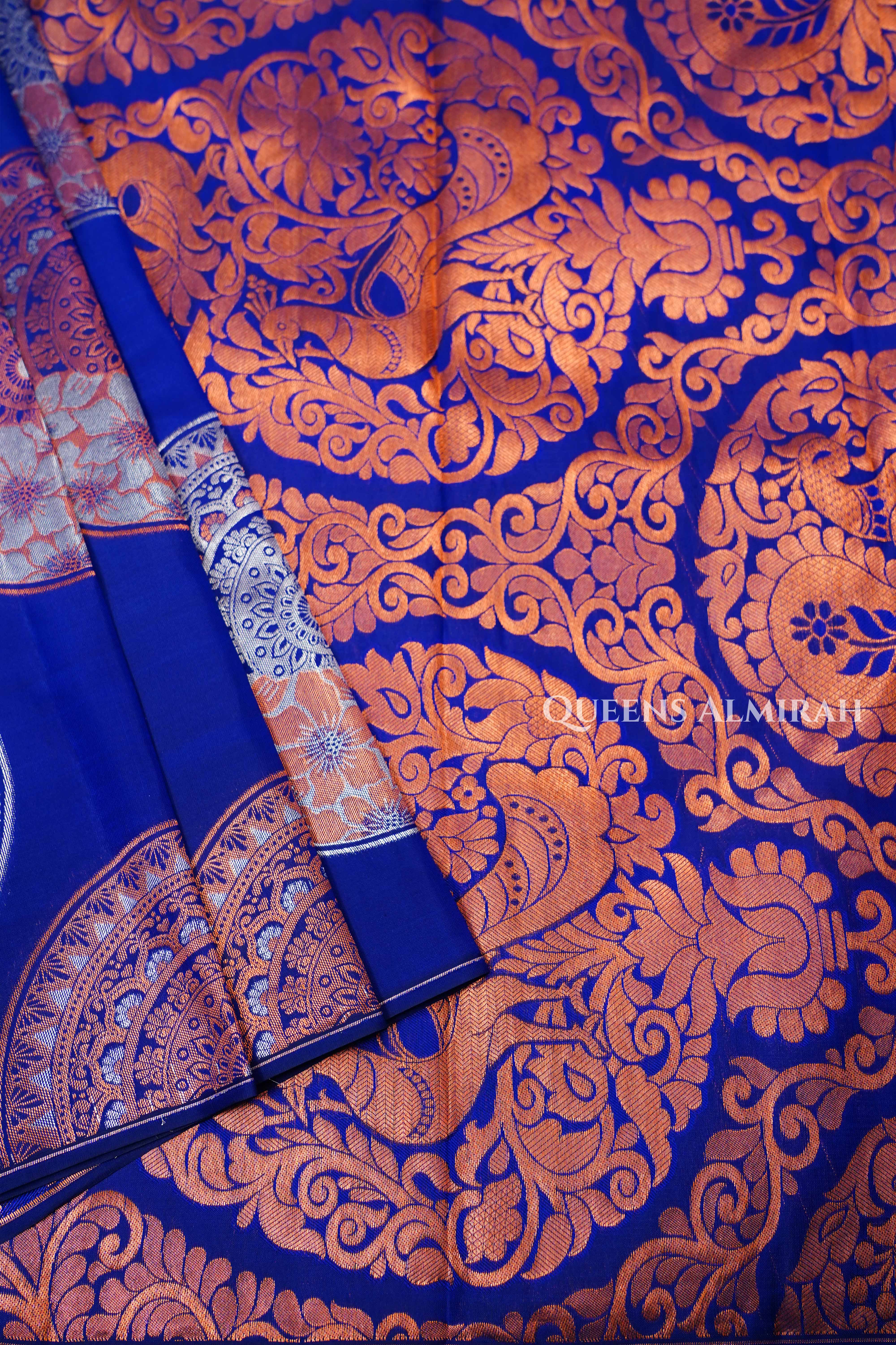 Royal Blue With Silver And Copper Zari Kanchivaram Silk Saree