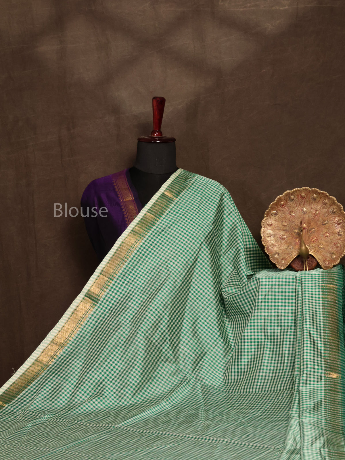 White With Green Kattam Pure Silk Cotton Saree