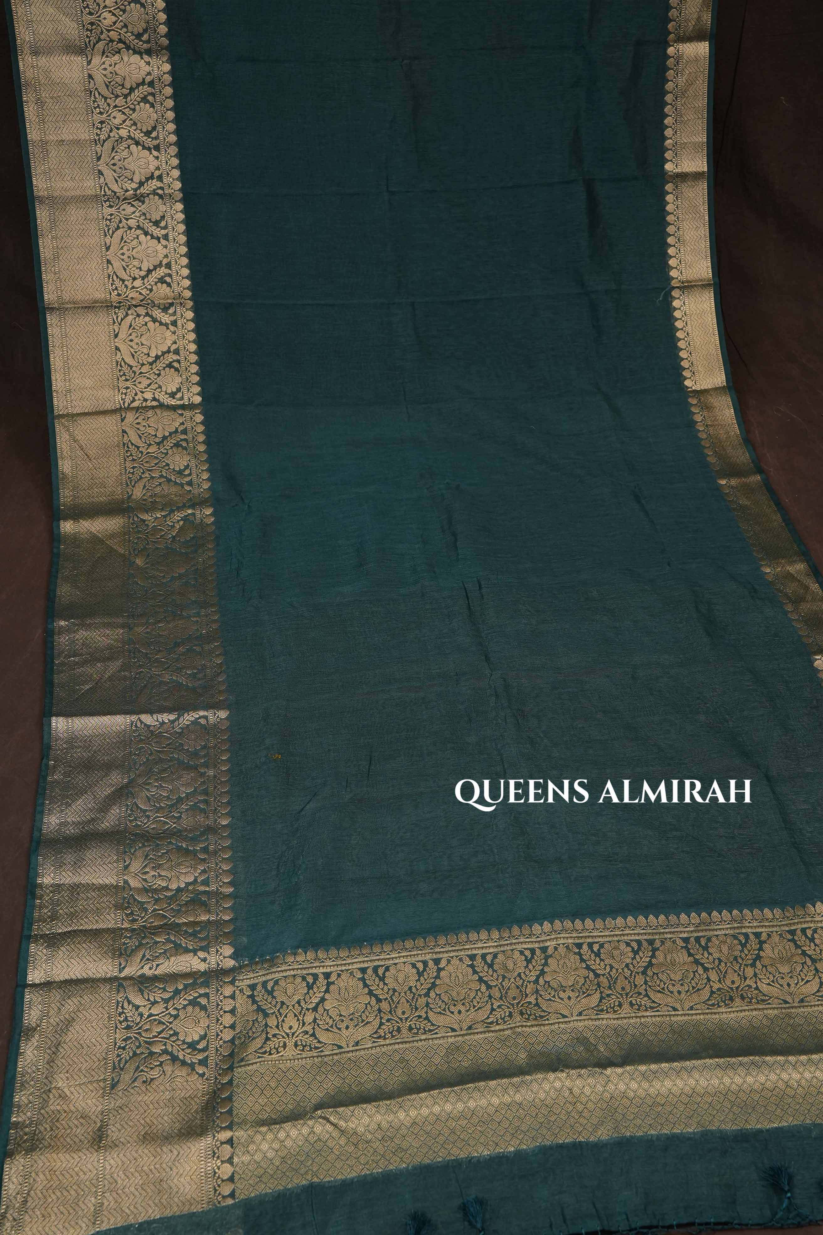 Dark Green Banarasi Linen Saree
