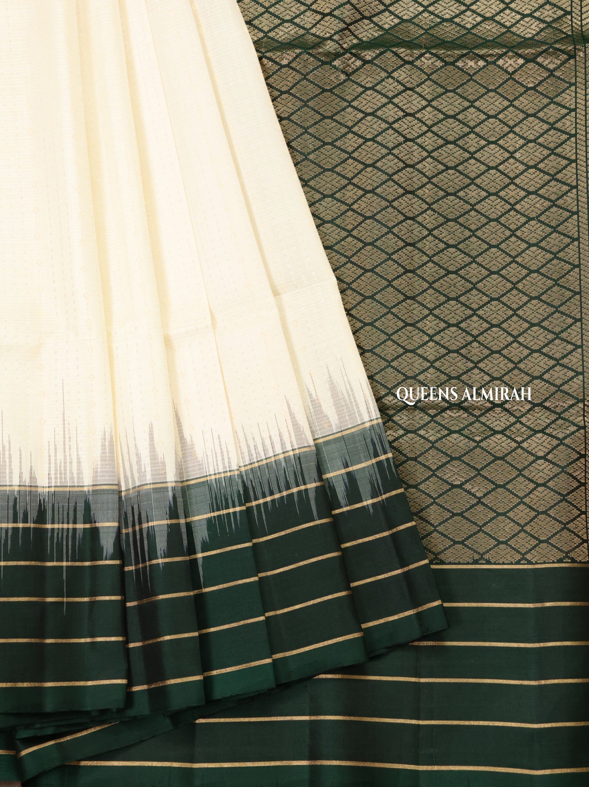 White With Drak Green Pure Soft Silk Saree