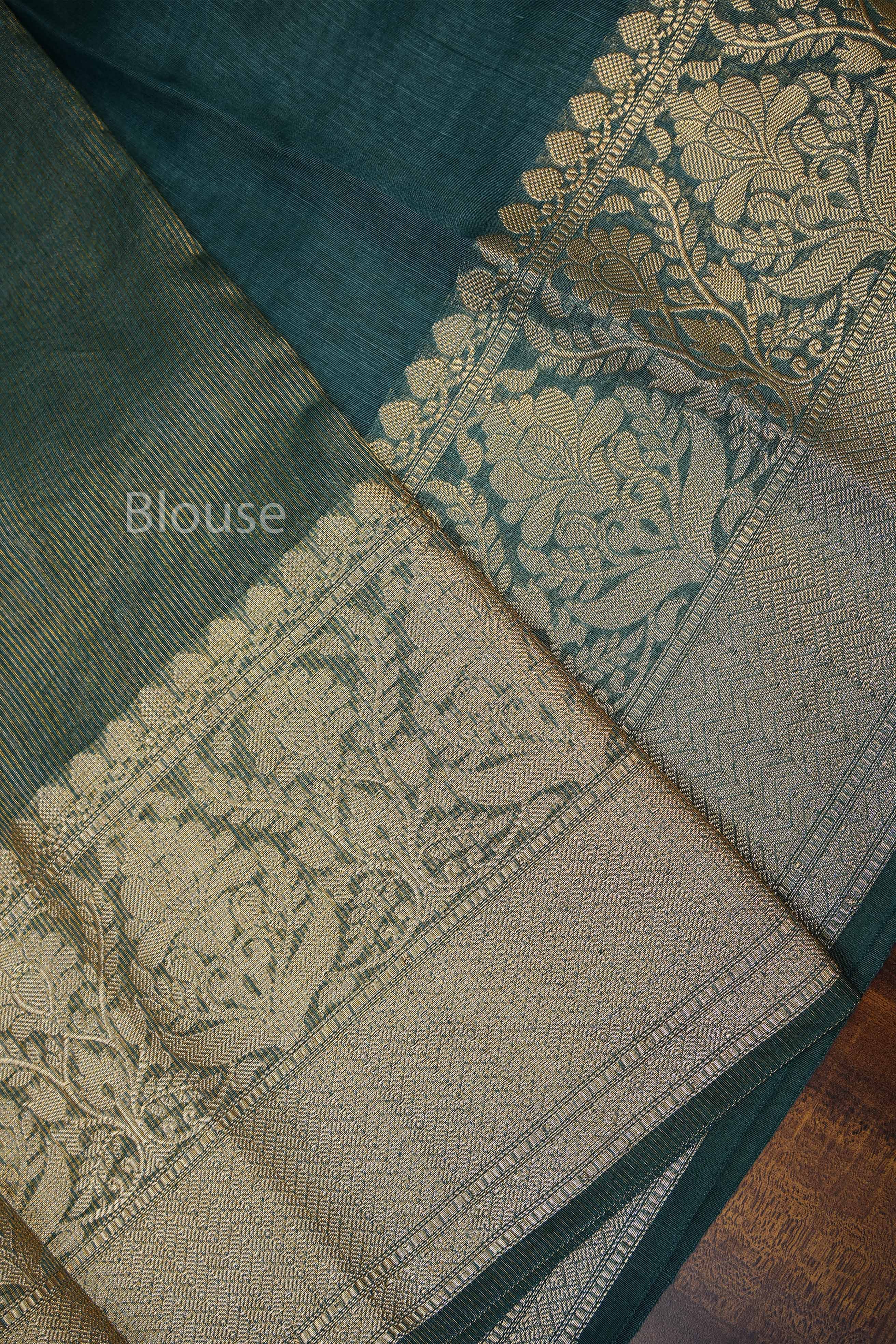 Dark Green Banarasi Linen Saree