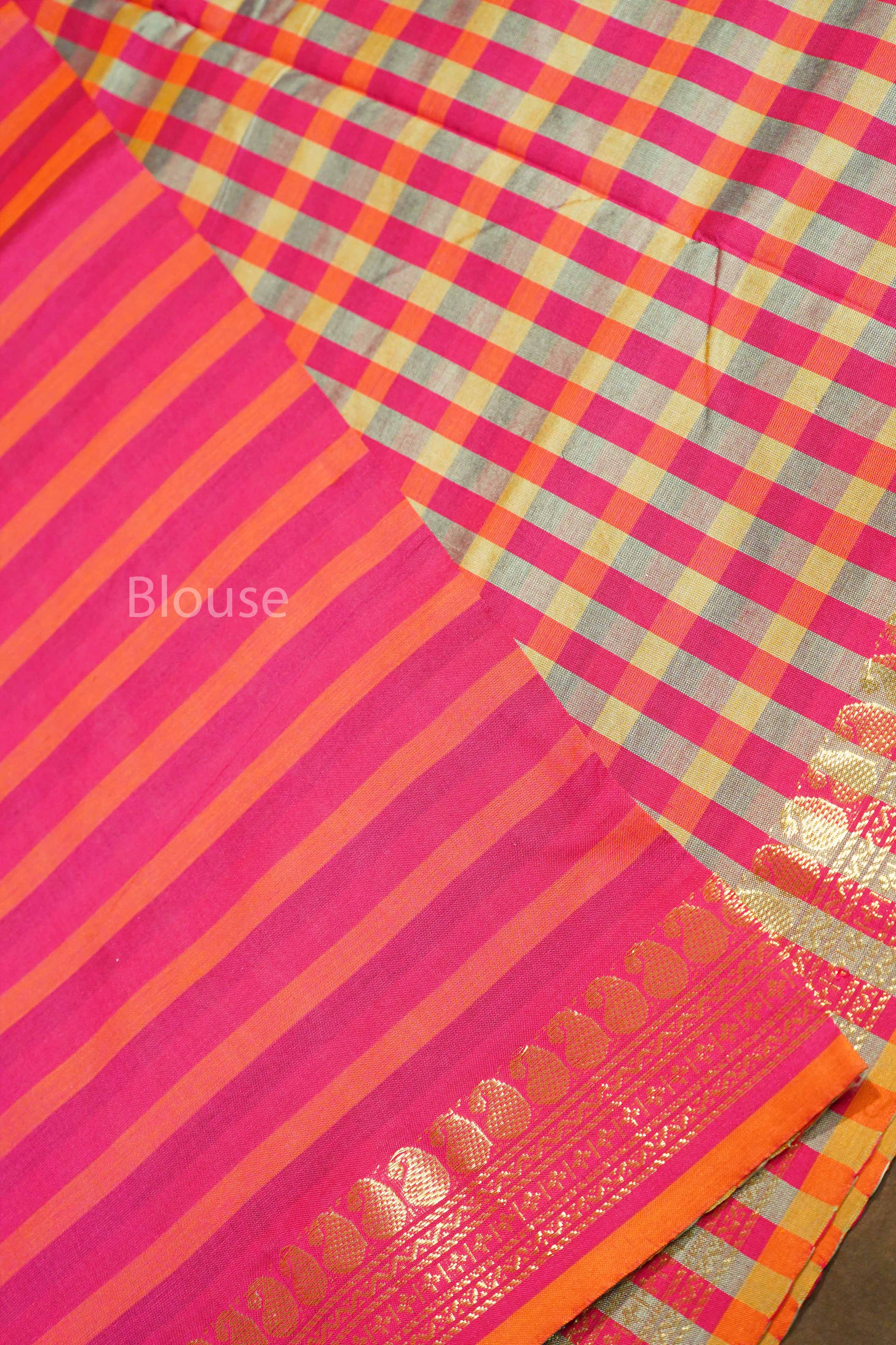 Red With Grey Checks Semi Silk Cotton Saree