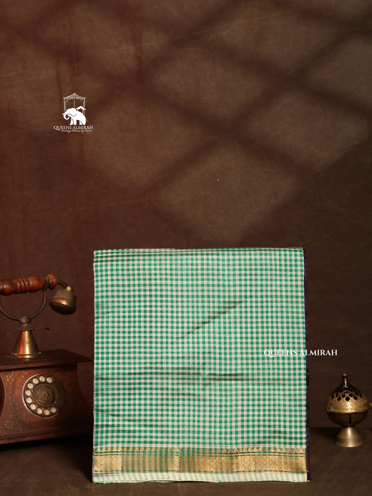 White With Green Kattam Pure Silk Cotton Saree