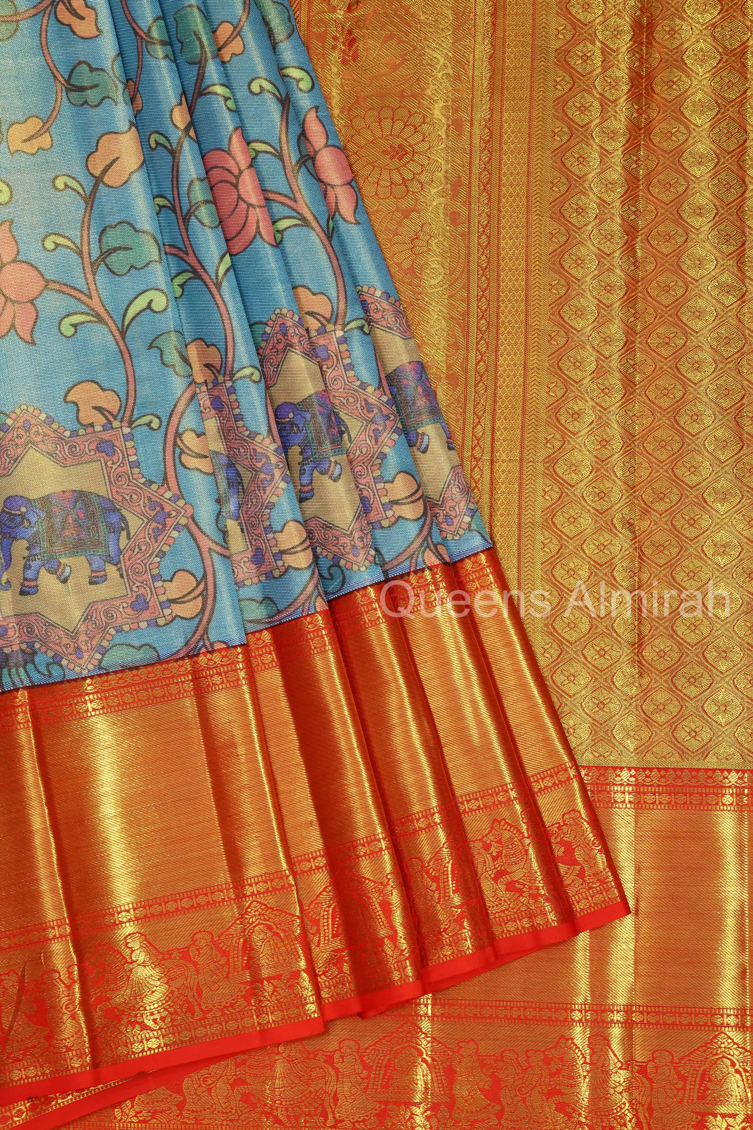 Blue Kalamkari Print With Red Long And Short Border Pure Kanchivaram Silk Saree