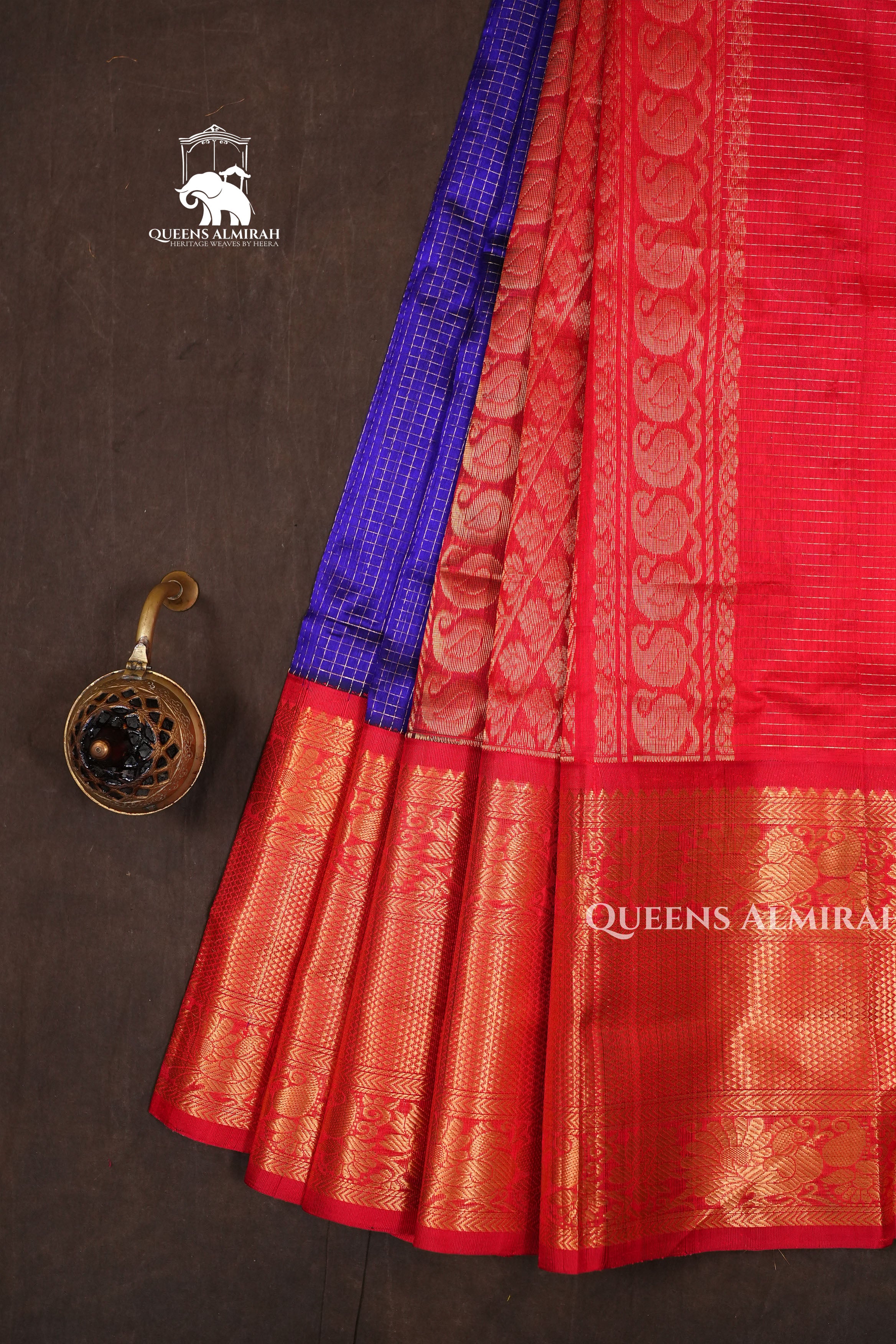 Dark Navy Blue With Red Pure Kanchi Silk Cotton Saree