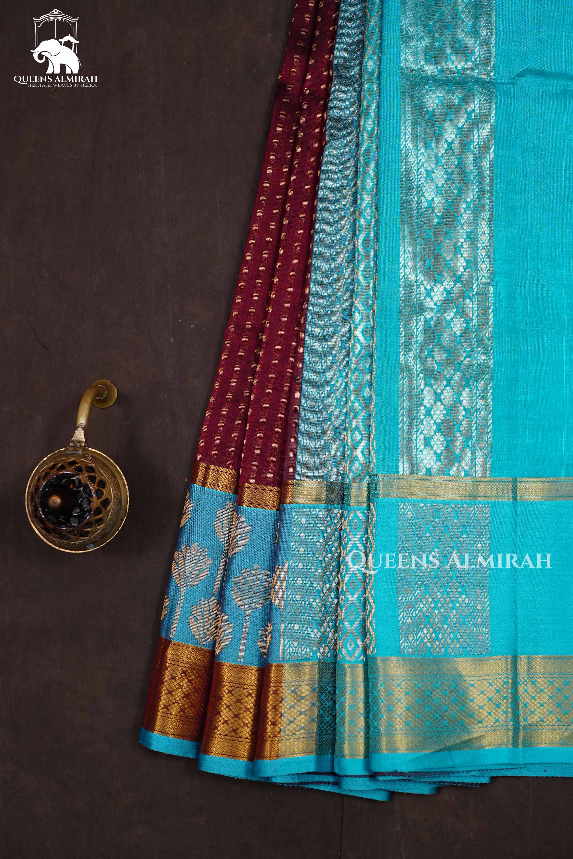 Maroon With Tuquoise Blue Pure Kanchi Silk Cotton Saree