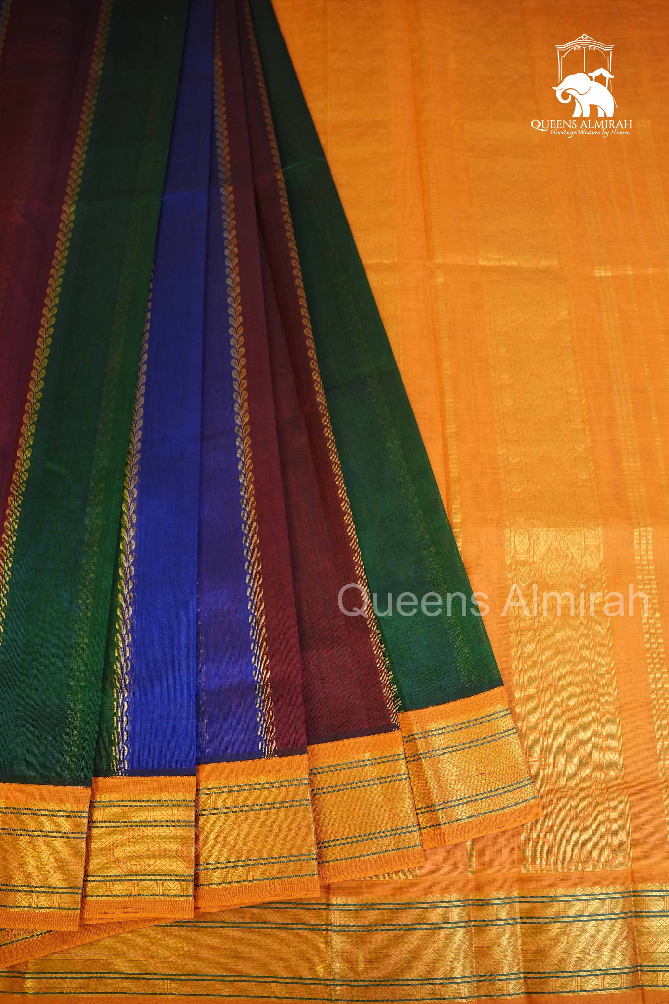 Multi Color With Yellow Border Pure Silk Cotton Saree