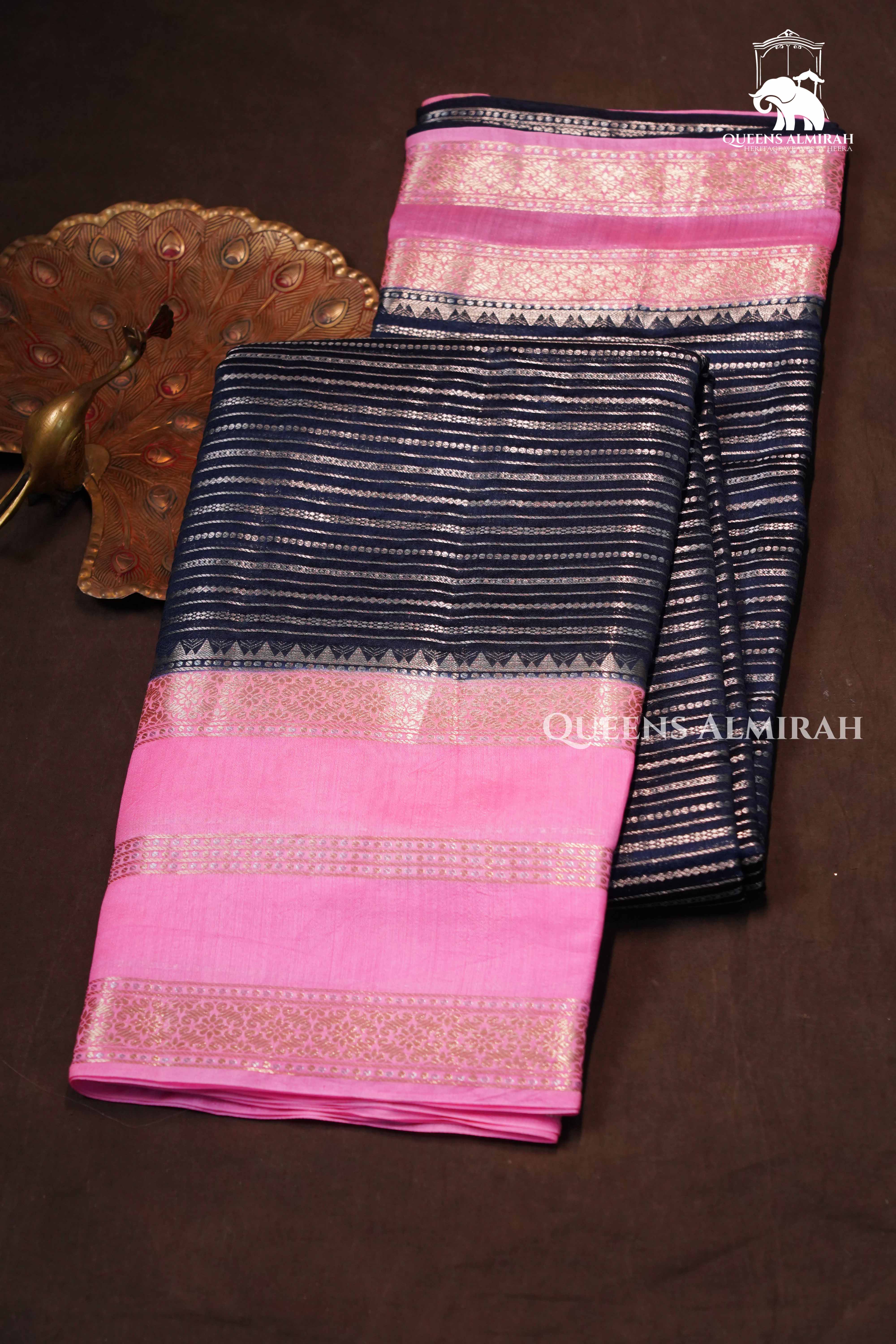 Dark Navy With Baby Pink Chinniya Silk Saree