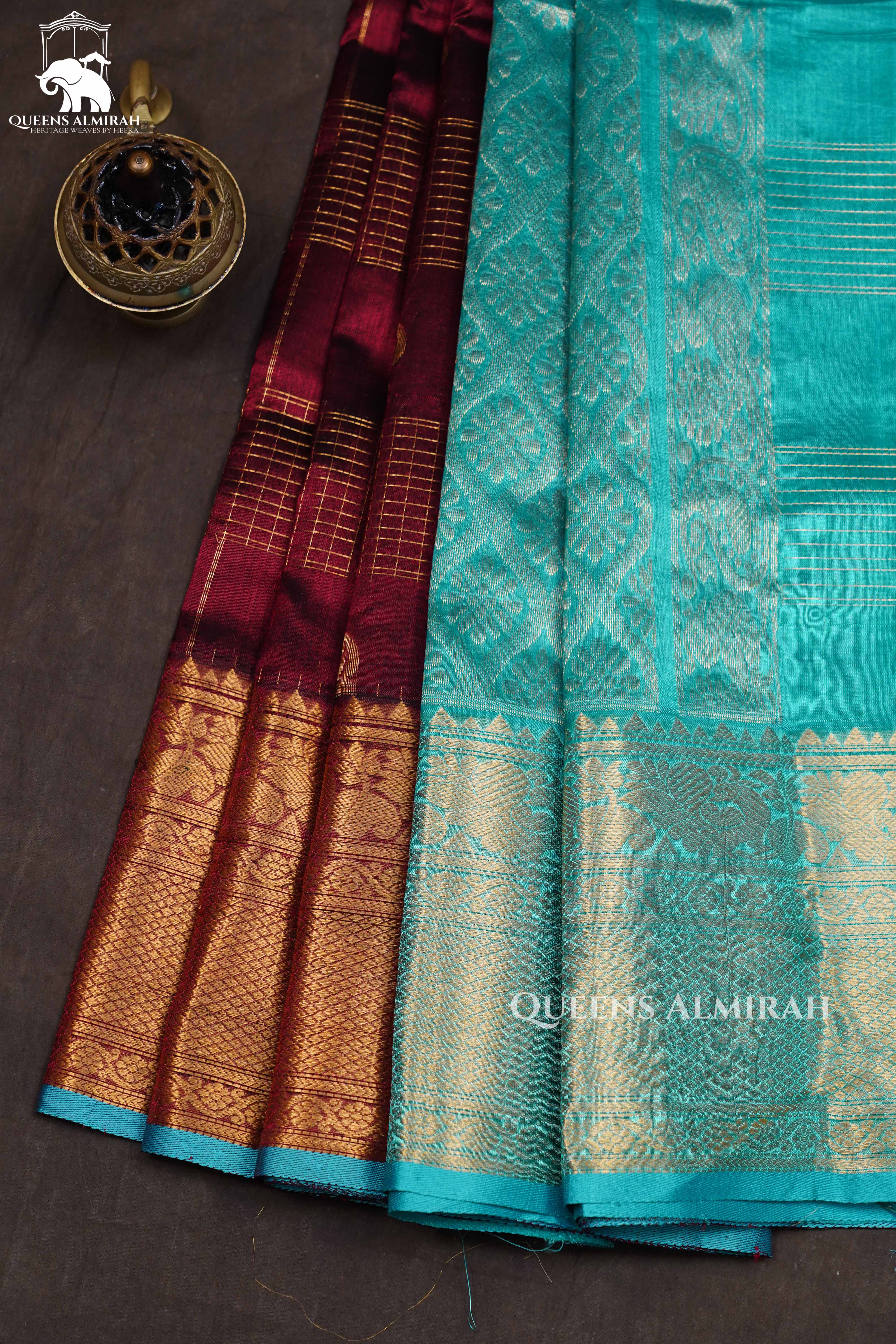 Dark Maroon With Sky Blue Pure Silk Cotton Saree