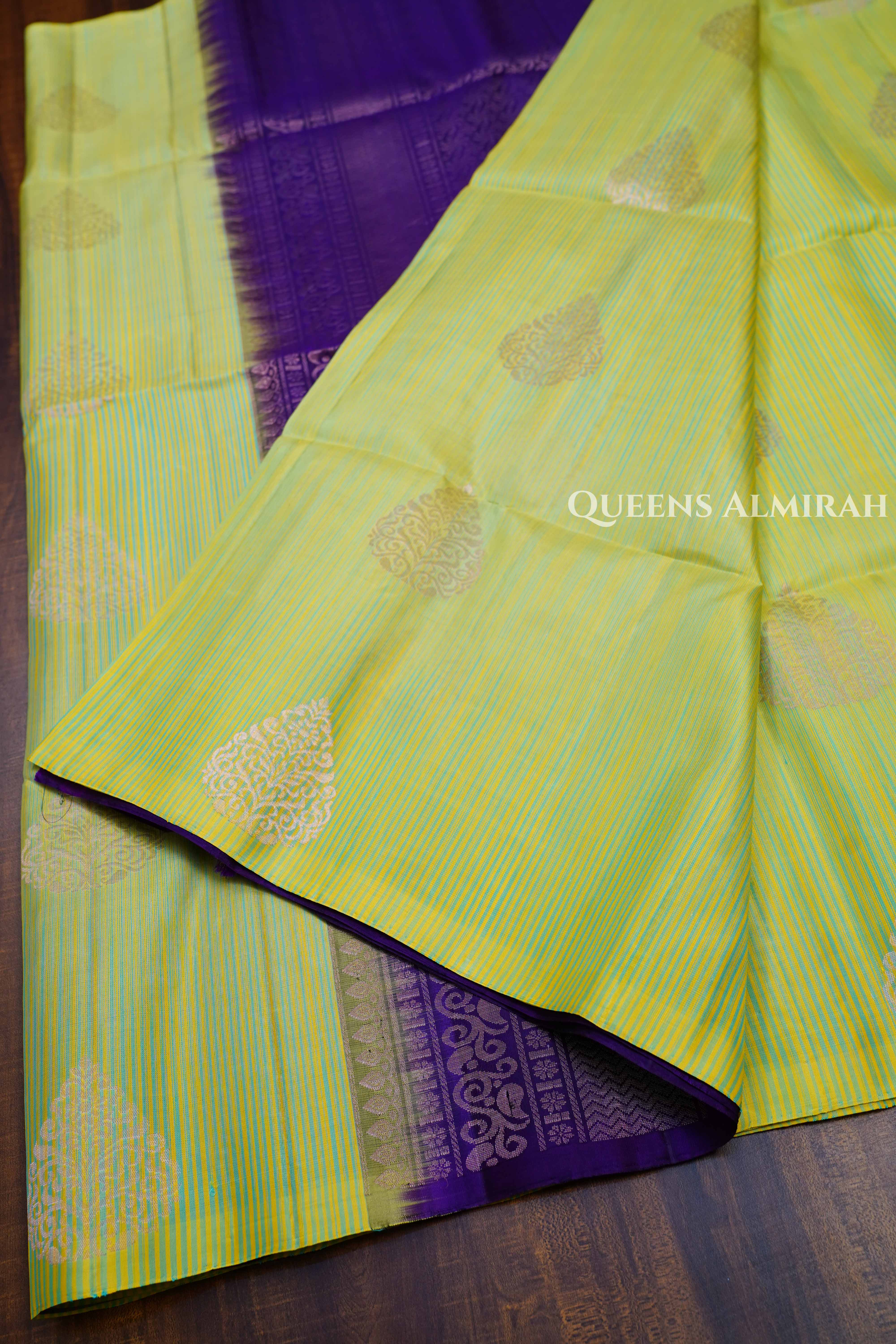 Pista Green With Purple Pure Soft Silk Saree