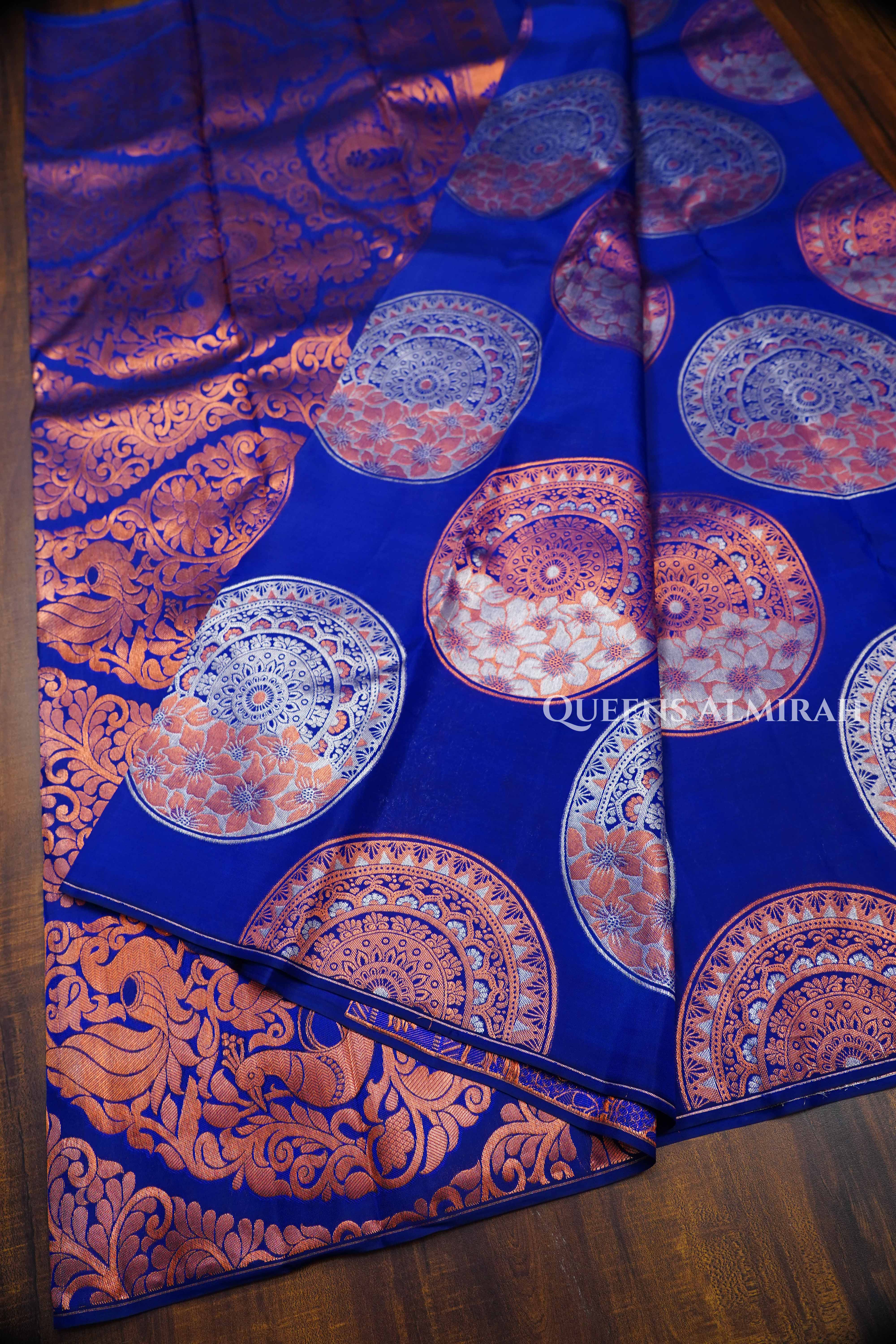 Royal Blue With Silver And Copper Zari Kanchivaram Silk Saree