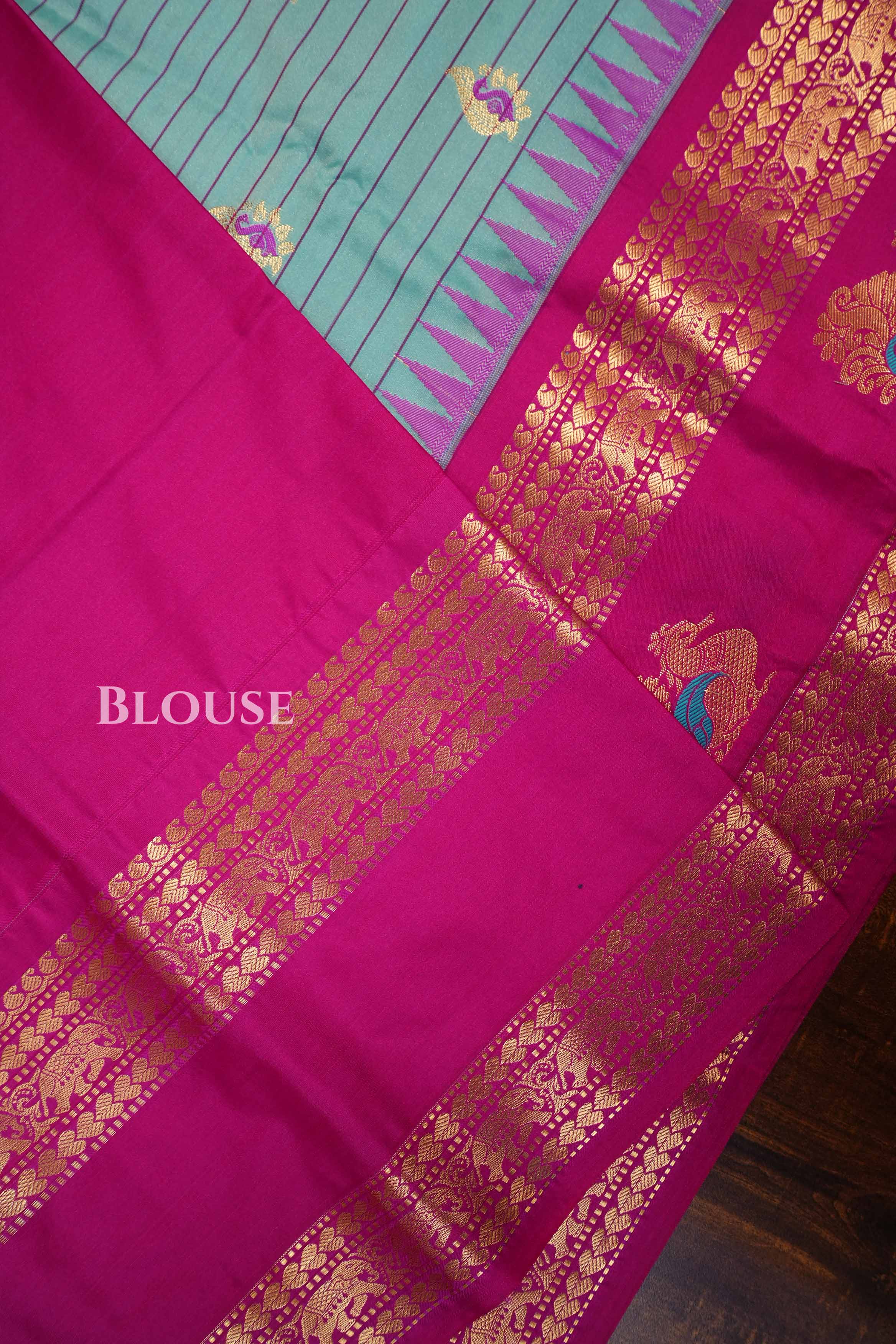 Sea Blue With Pink Semi Gadwal silk Saree