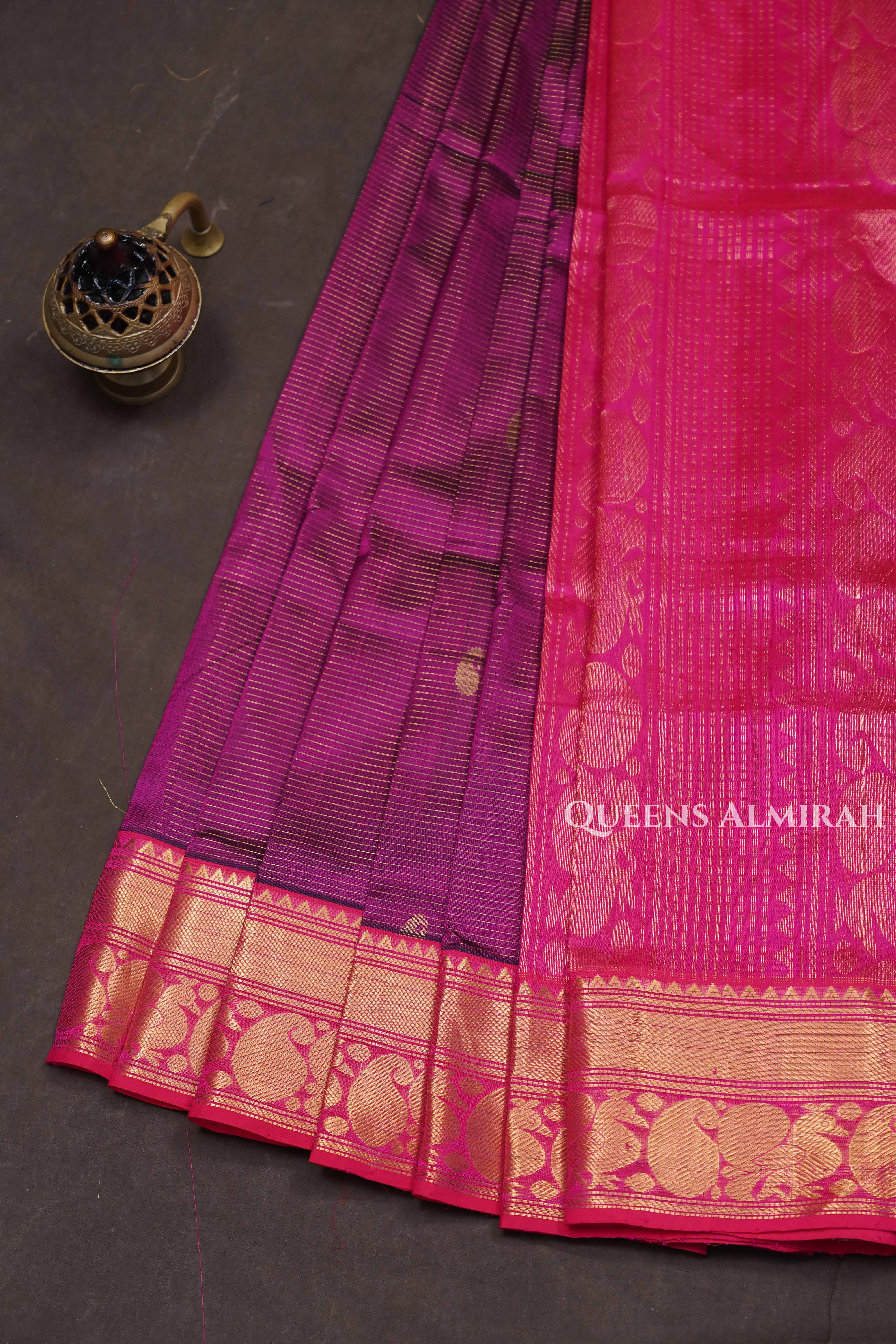 Mulberry Purple With Rani Pink Pure Silk Cotton Saree