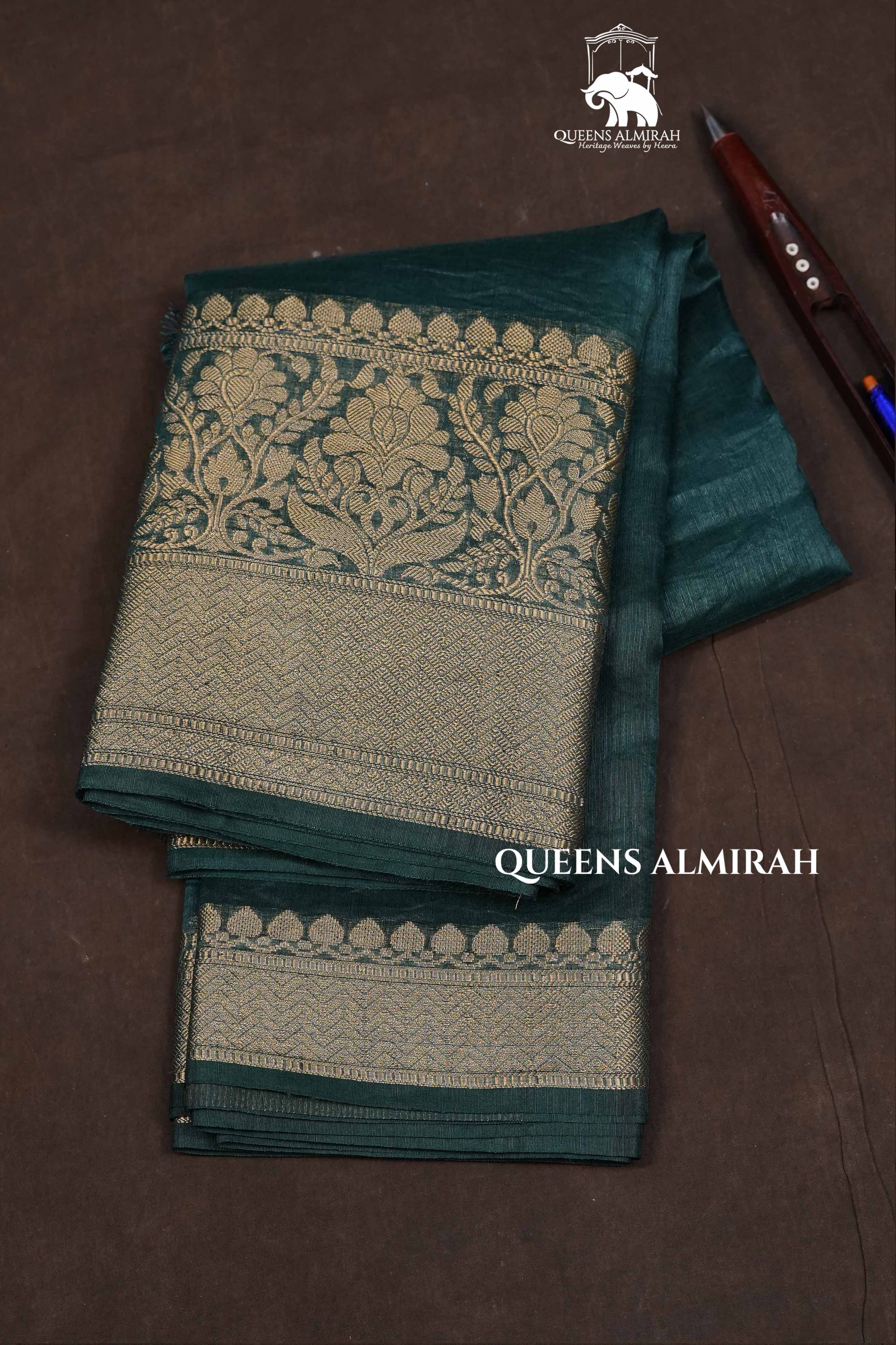 Dark Green Banarasi Linen Saree
