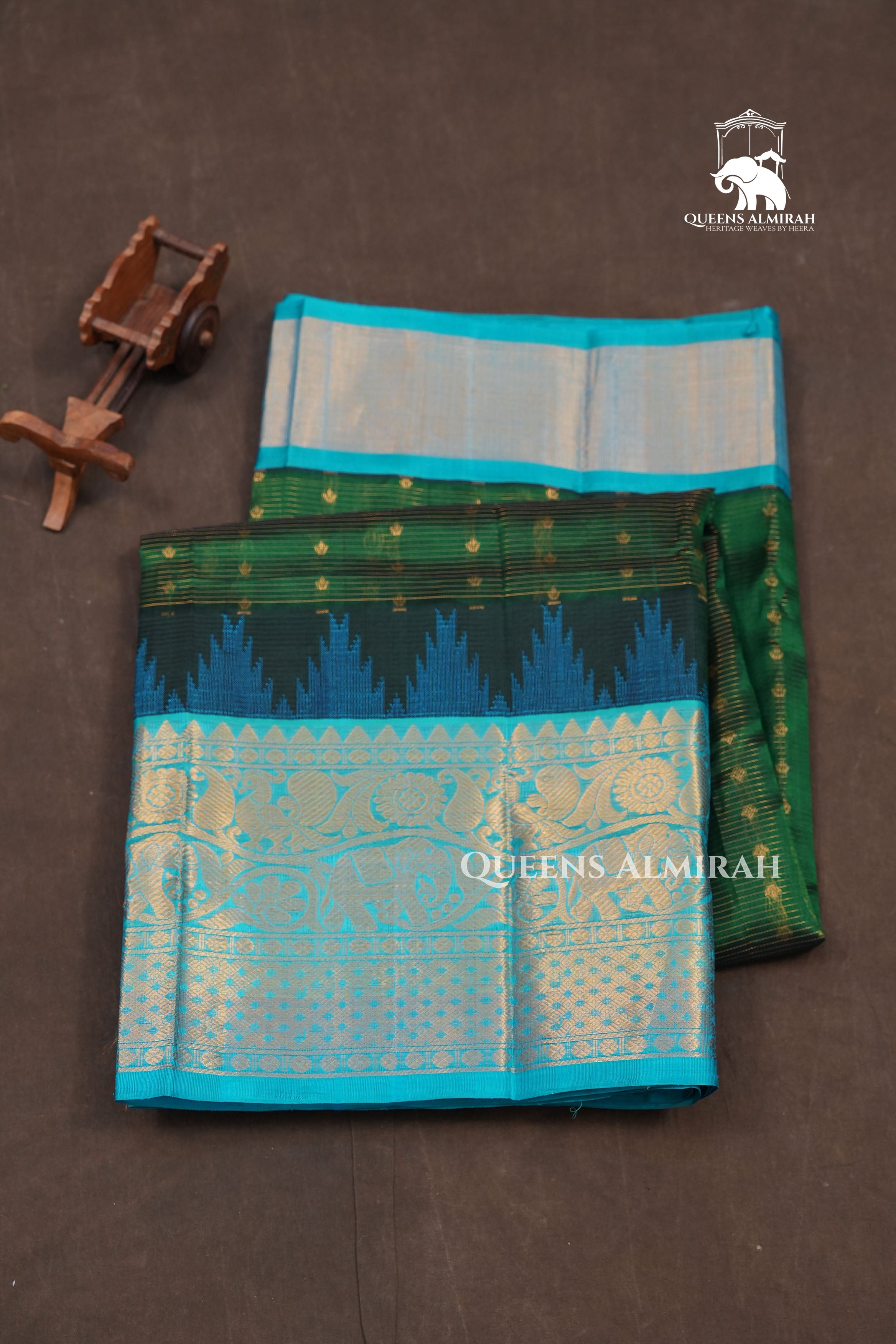 Bottle Green With Sky Blue Pure Kanchi Silk Cotton Saree