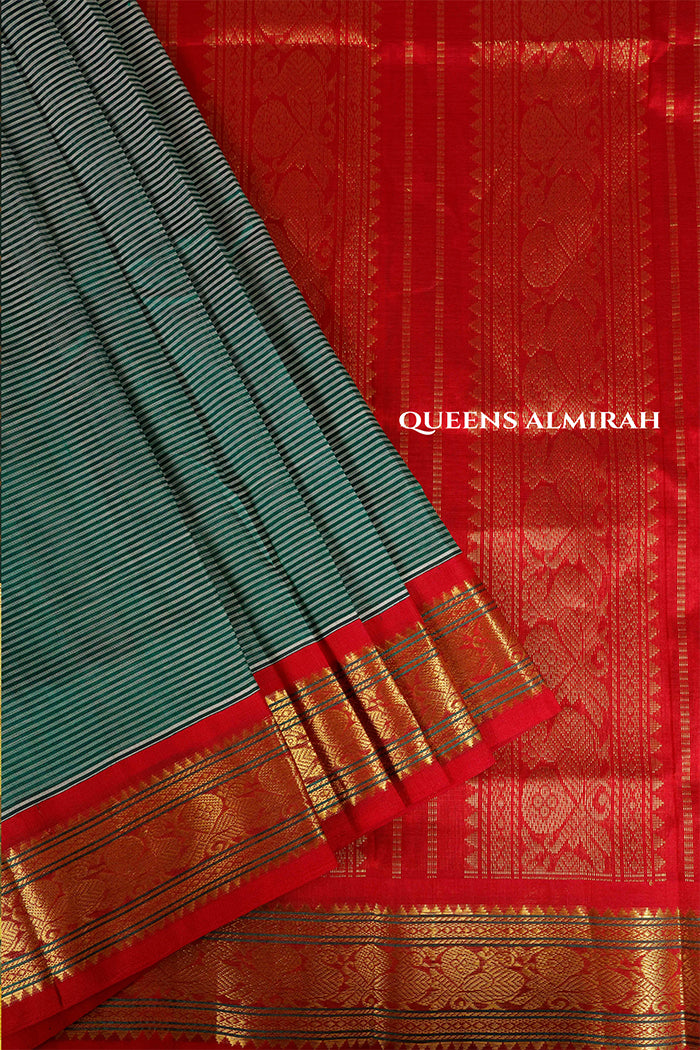 Green Stipes With Red Border Pure Silk Cotton Saree