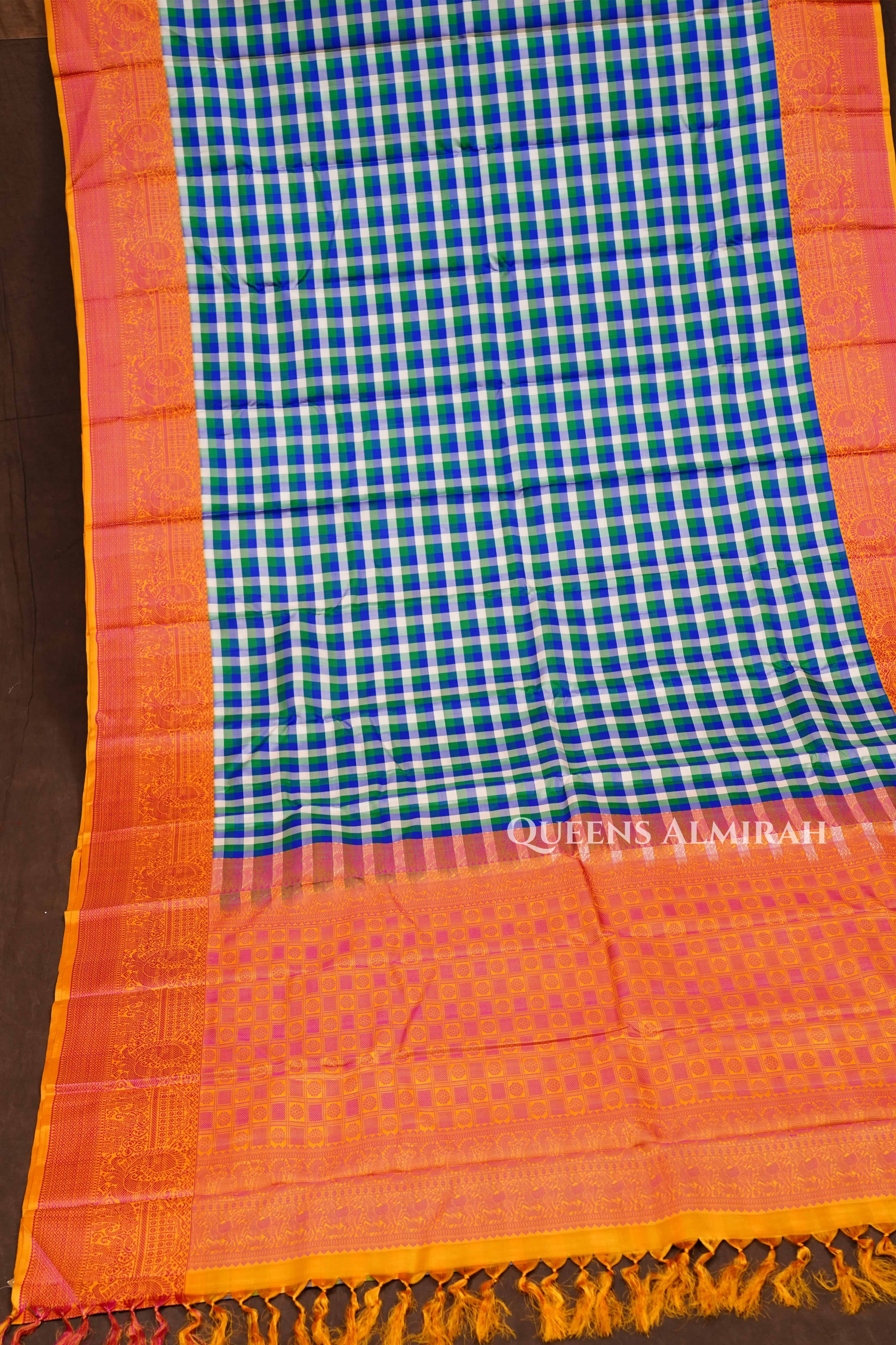 White With Green Checked Kuravanji Silk Saree
