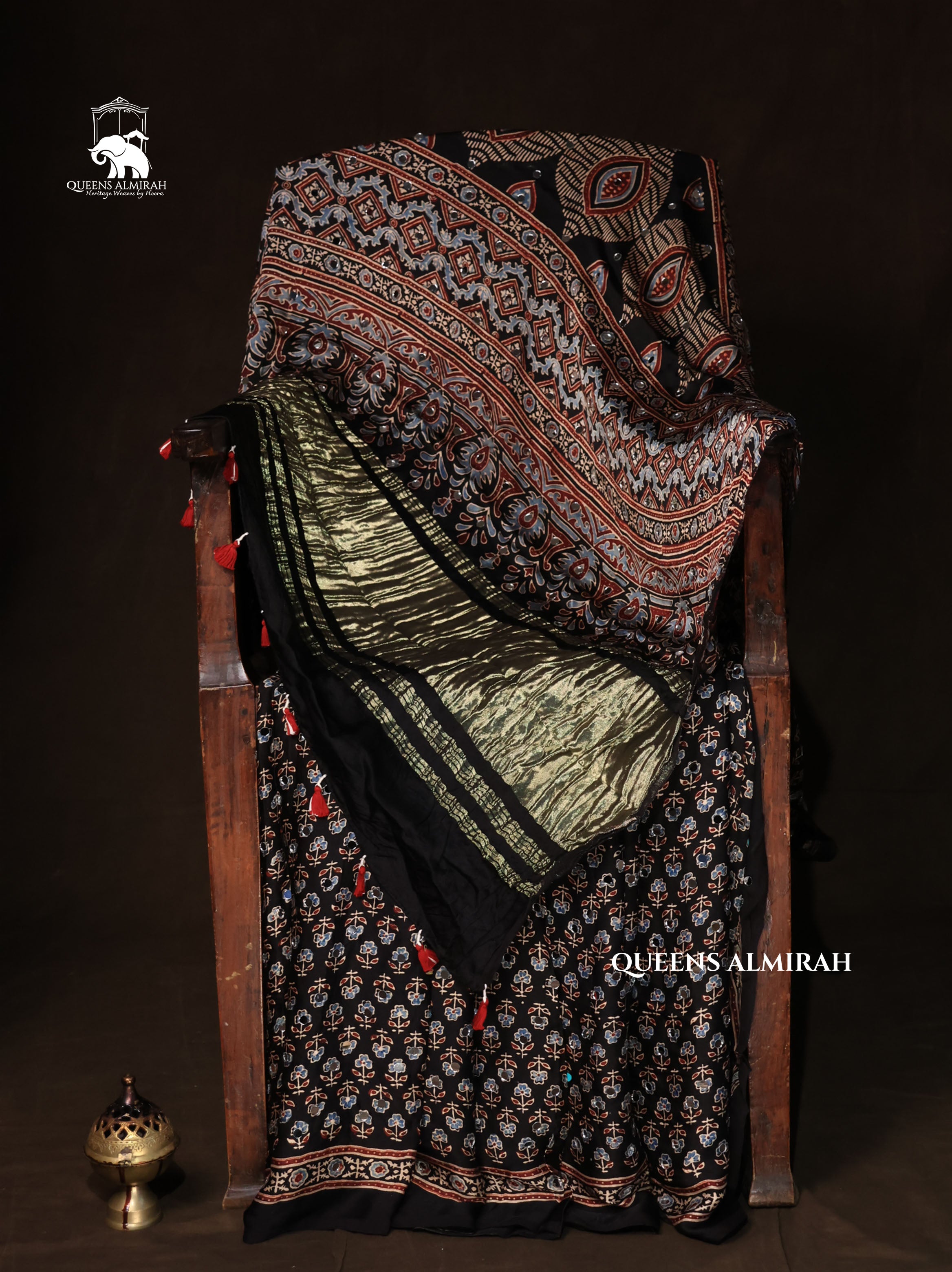 Black Mirror Work Ajrakh Modal Silk Saree