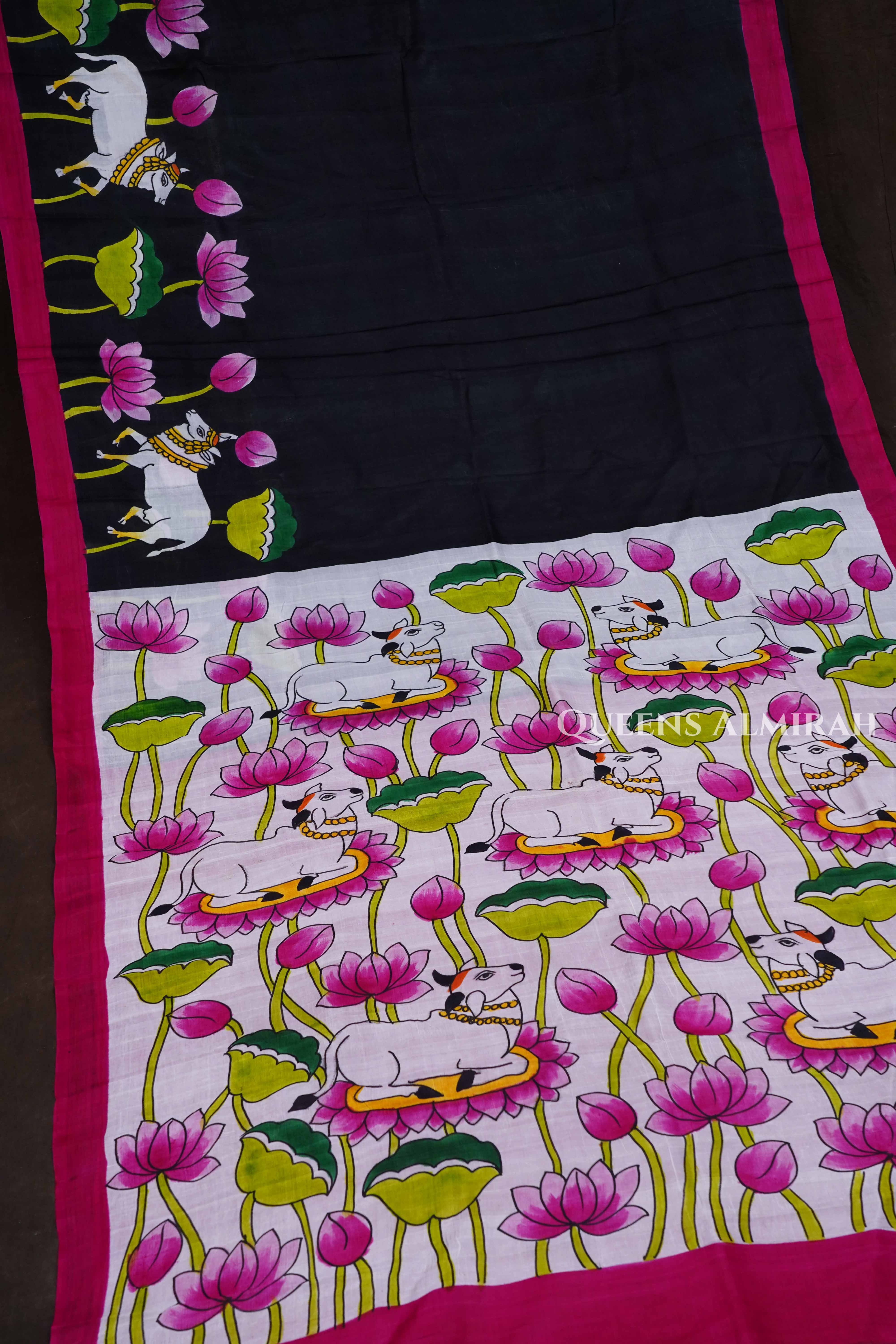 Black Pichwai Handpainted Pure Tussar Silk Saree